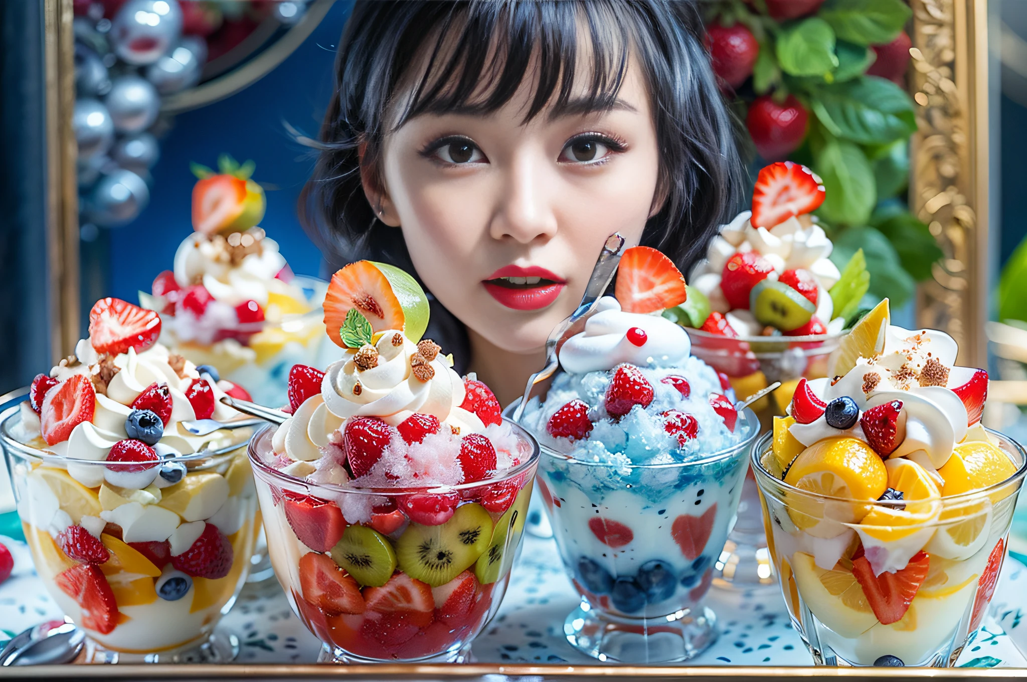 (chef-d&#39;œuvre), (détail complexe), (photoréaliste:1.3), 1 joli modèle japonais, Modèle publicitaire de magazine élégant, Posant avec un Parfait aux fruits mélangés, A mixture of des fruits and ice cream with shaved ice, dans des verres en cristal angulaires, Garni de fraises et de crème, univers, Thème bleu marin, éclairage dramatique, cuillère, morceaux de glace, des fruits,