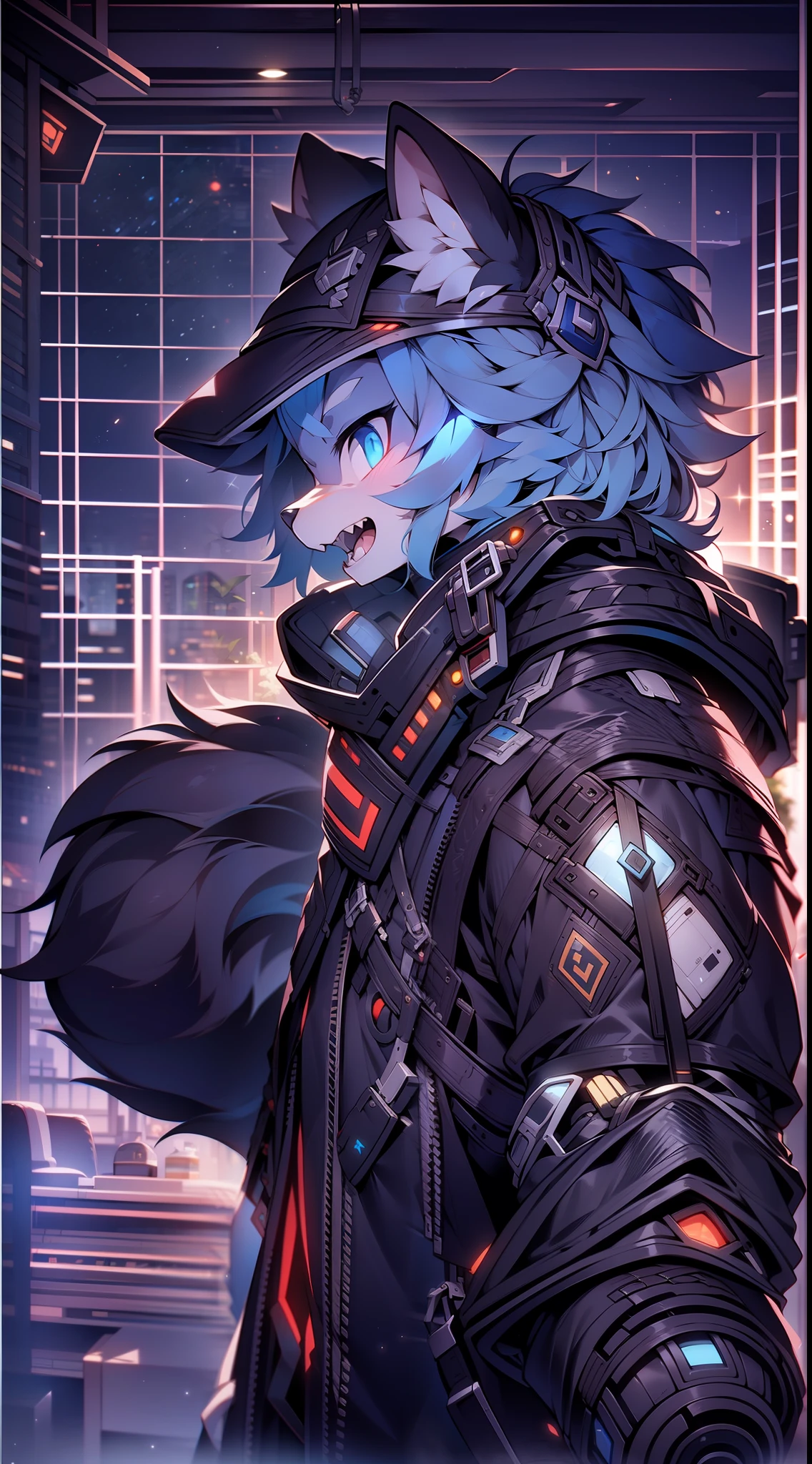 Furry:1.2 Wolf:1.5，Handsome:1.5，Shota 1.6，Blue-orange hair:1.2，Extreme light and shadow:1.5，The light from the back window is backlighted:1.6，Wear black fingerless gloves:1.7，Wear black pedal socks:1.7，Blue light particles:1.2，The dark space:1.8，Turn Back:1.7，Be red in the face:1.5，Behind her is the garden:1.5，metallic  luster:1.7，Handsome laughter:1.7