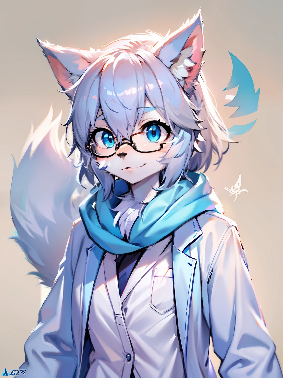 Anime character with arctic fox ears wearing lab coat and blue scarf,Arctic fox with fluffy blue fur and tail,Wear half-rimmed glasses,  Fox scientist, professional furry drawing