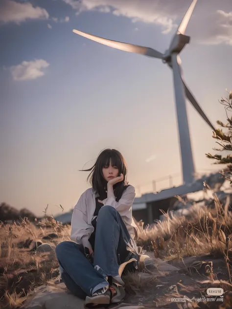 Arad woman sitting on a rock next to a wind turbine, lofi girl aesthetic, lofi-girl, wind kissed picture, The wind blows hair, s...