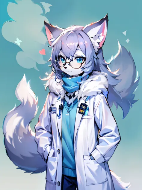 Anime character with arctic fox ears wearing lab coat and blue scarf,Arctic fox with fluffy blue fur and tail,Wear half-rimmed g...