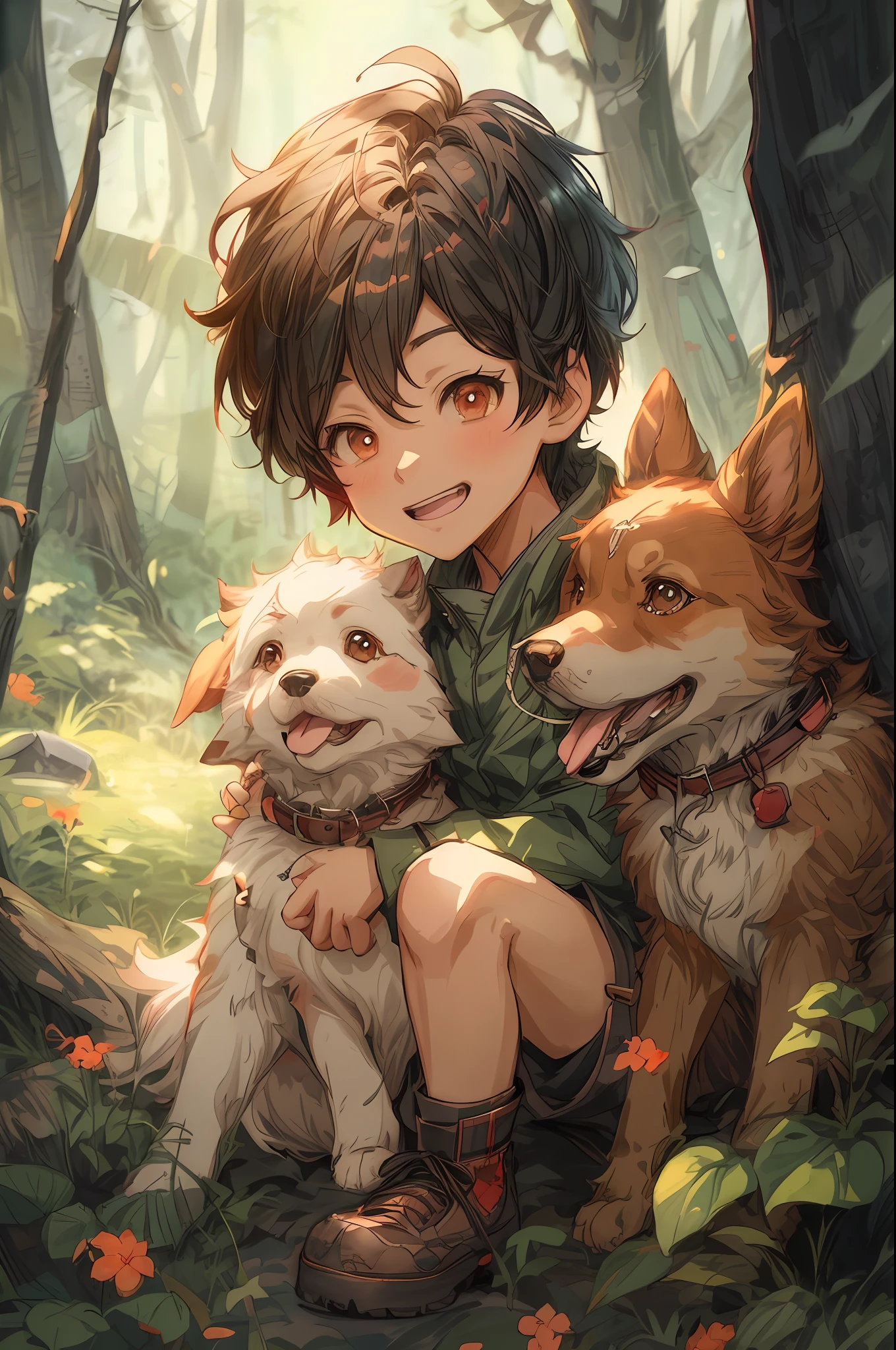 garçon animé avec deux chiens assis dans les bois, oeuvre d&#39;art dans le style de guweiz, les gars, digital illustration animée, jolie illustration détaillée, joli art numérique détaillé, art d&#39;anime détaillé et propre, illustration animée, art animé numérique détaillé, animé illustré, style artistique mignon, style artistique anime de haute qualité, guweiz, fanart détaillé, fanart officiel, dessin animé mignon