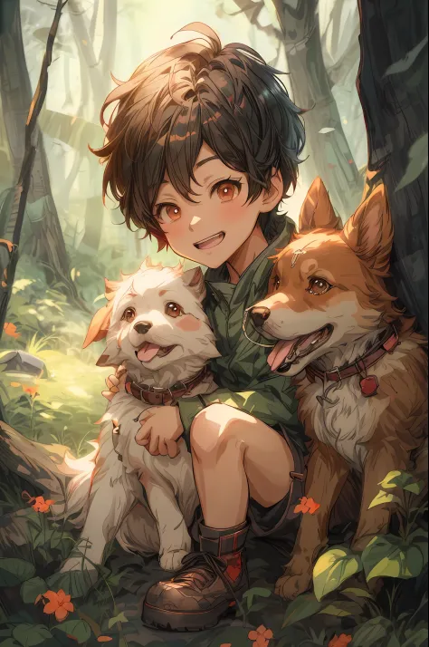 anime boy with two dogs sitting in the woods, artwork in the style of guweiz, kawacy, digital anime illustration, cute detailed ...