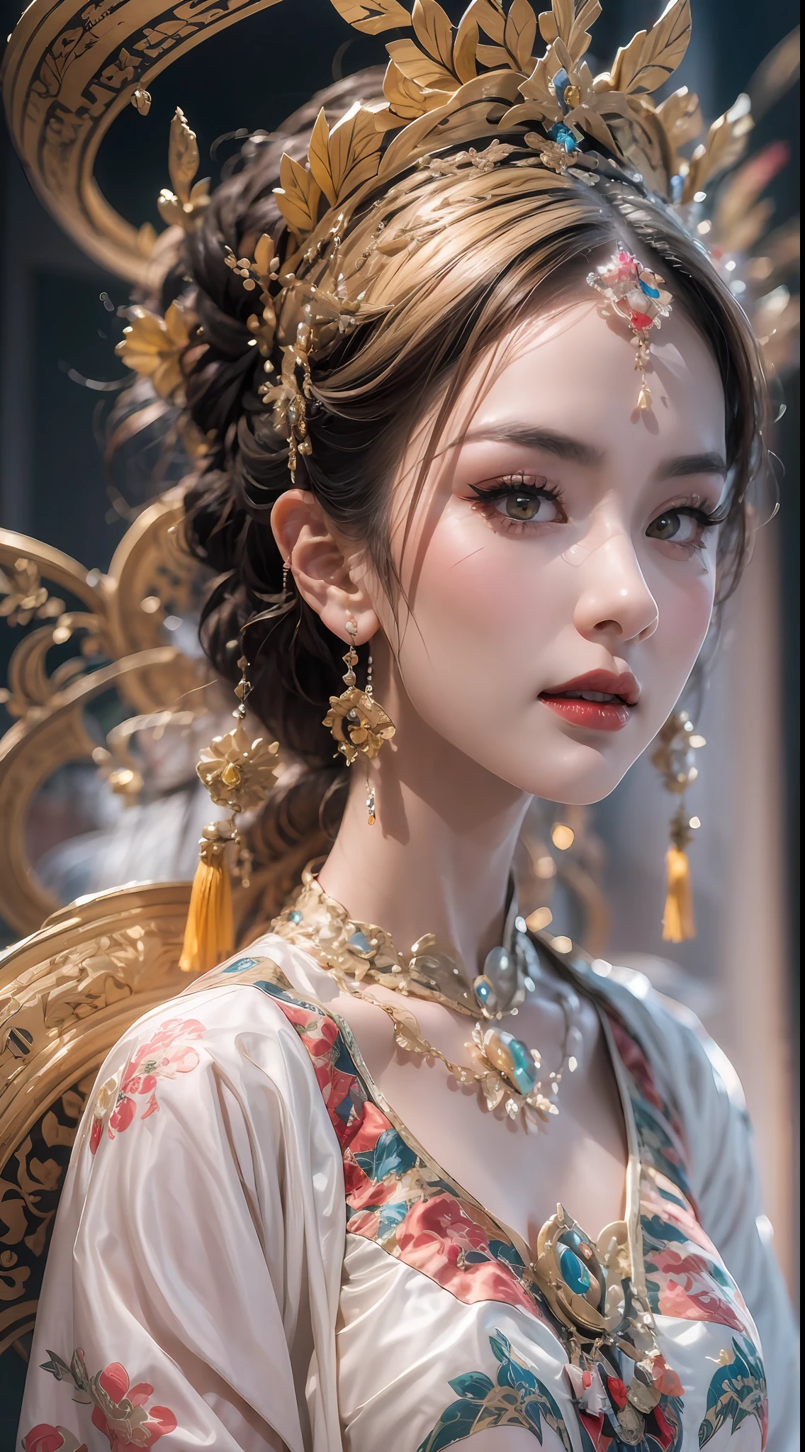 美しい20歳の聖女の肖像画, 薄い多色のシルクのドレスを着て, beautiful 顔 without blemishes, ((自然な笑顔:0.3)), 口を閉じた, ((7色の髪の長さ:1.2)), 大きな王冠, ヘアブローチ, 漢服ドレス, 中国古代スタイル, 全身ジュエリー, 額のタトゥー, 非常に均一な胸, 顔, 赤い唇, 繊細なピンクと白の目 (白くて細かい) 映画のような, 光と闇, ドラマチックな照明, 魔法の光, 非常に詳細な光, 天然色, 超シャープ, 現実的, 8K品質, ファンタジー宇宙の背景, 聖人と魔法の空間, 最も詳細な画像,