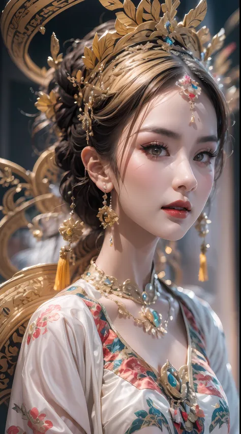 portrait of a beautiful 20 year old holy woman, wearing a thin multicolored silk dress, beautiful face without blemishes, ((natural smile:0.3)), Mouth closed, ((7-color hair length:1.2)), big crown, hair brooch, hanfu dress, chinese ancient style, full bod...