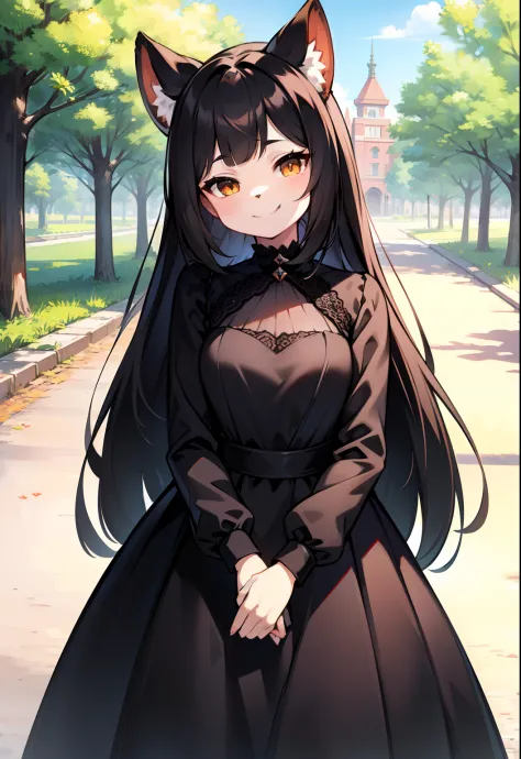 Furry Fenech girl in black dress looks at the viewer. full-shot. Smiling. Against the background of the park. 独奏. Sunny day. Furry.