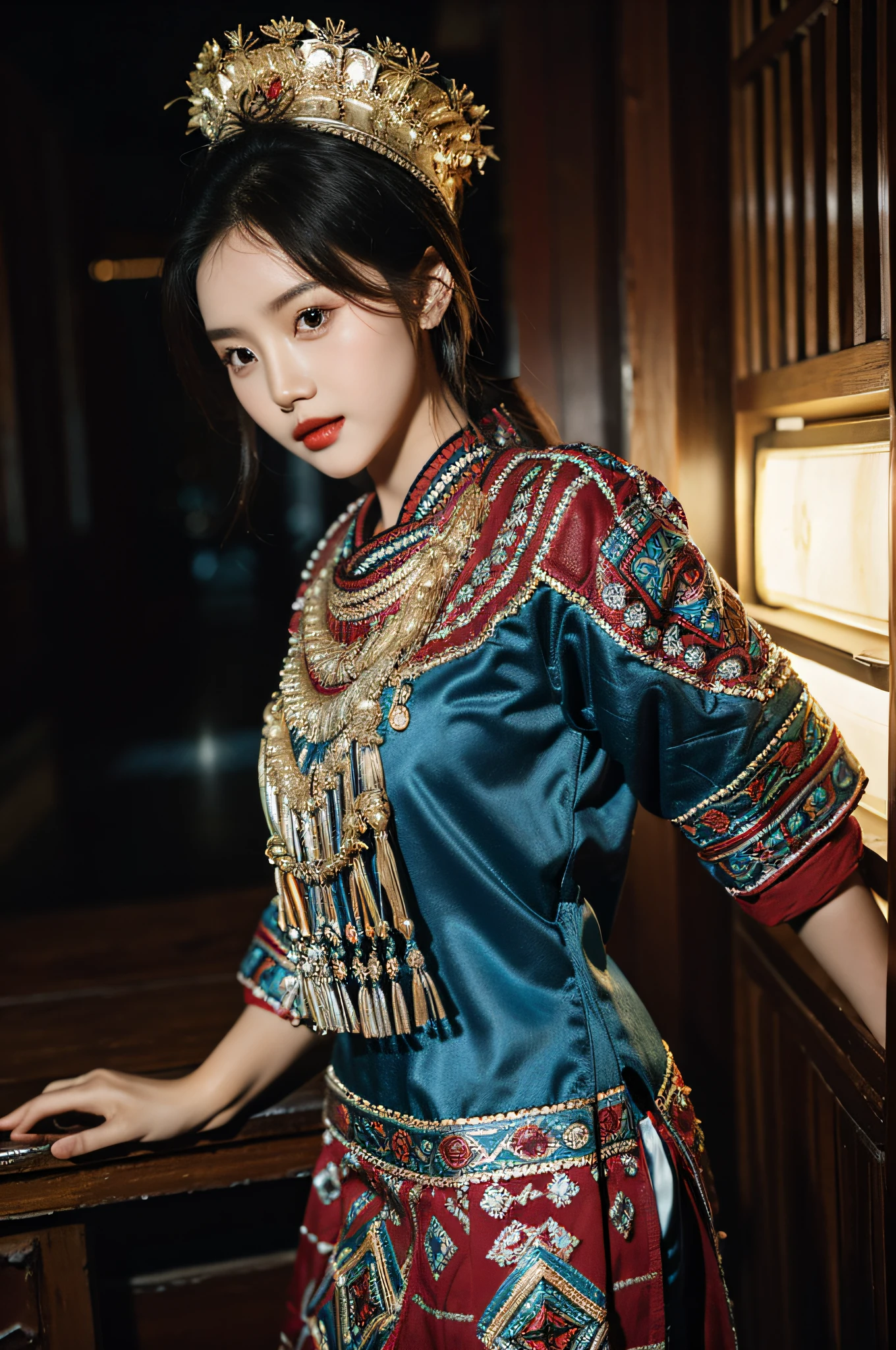 （Hyperrealistic,）4K,35mm，hyper-high detail, Professional lighting, Best quality, Ultra-high resolution, Visually stunning, (1girll:1.1), （Hmong clothing）,realskin,（Perfect body 1.3）Ultra-delicate face。