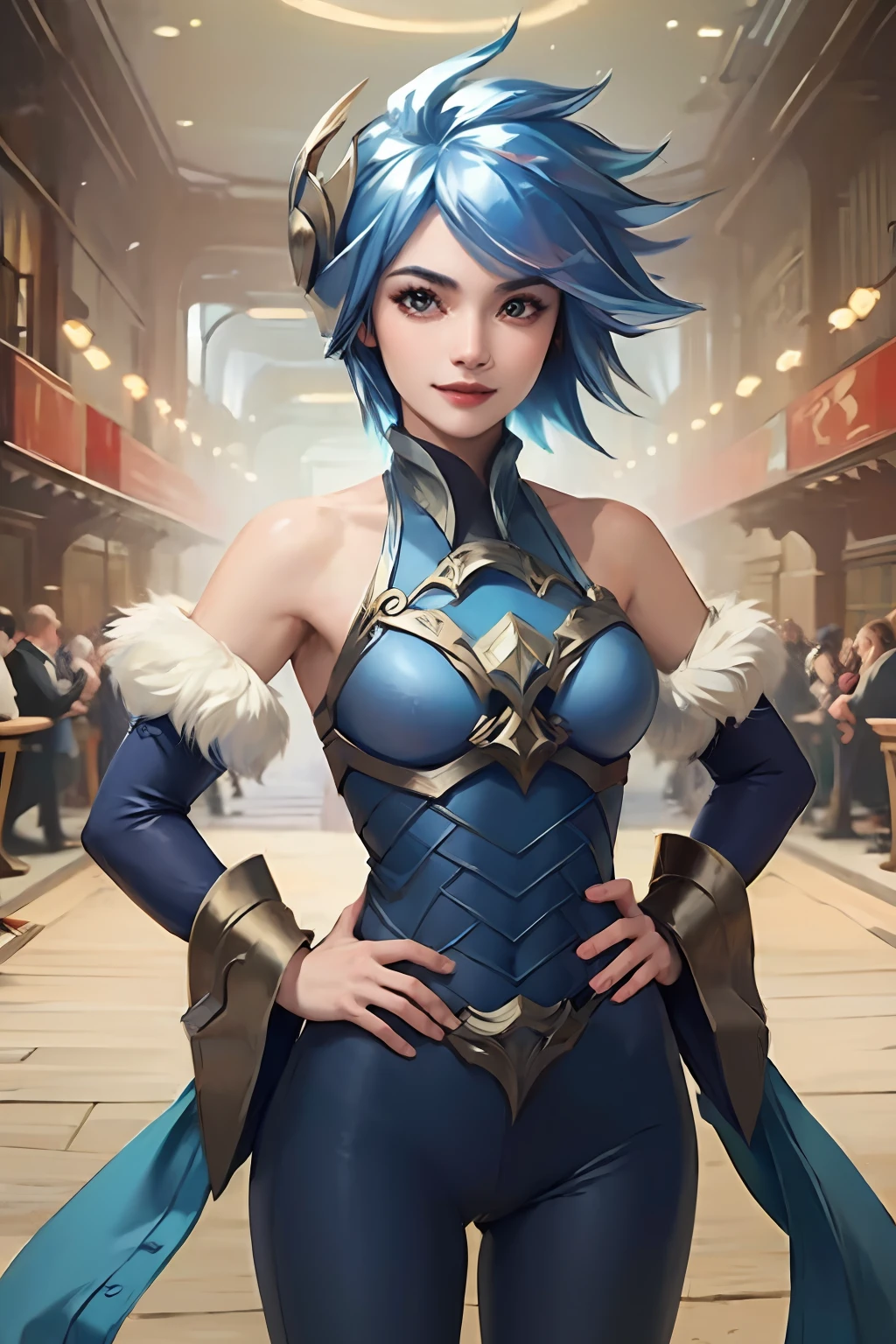 (obra maestra:1.4), (mejor calidad:1.2), Frostblade Irelia, 1 chica, cabello corto, pelo azul, mono, mangas separadas, sonrisa, Parte superior del cuerpo, tiro de vaquero,