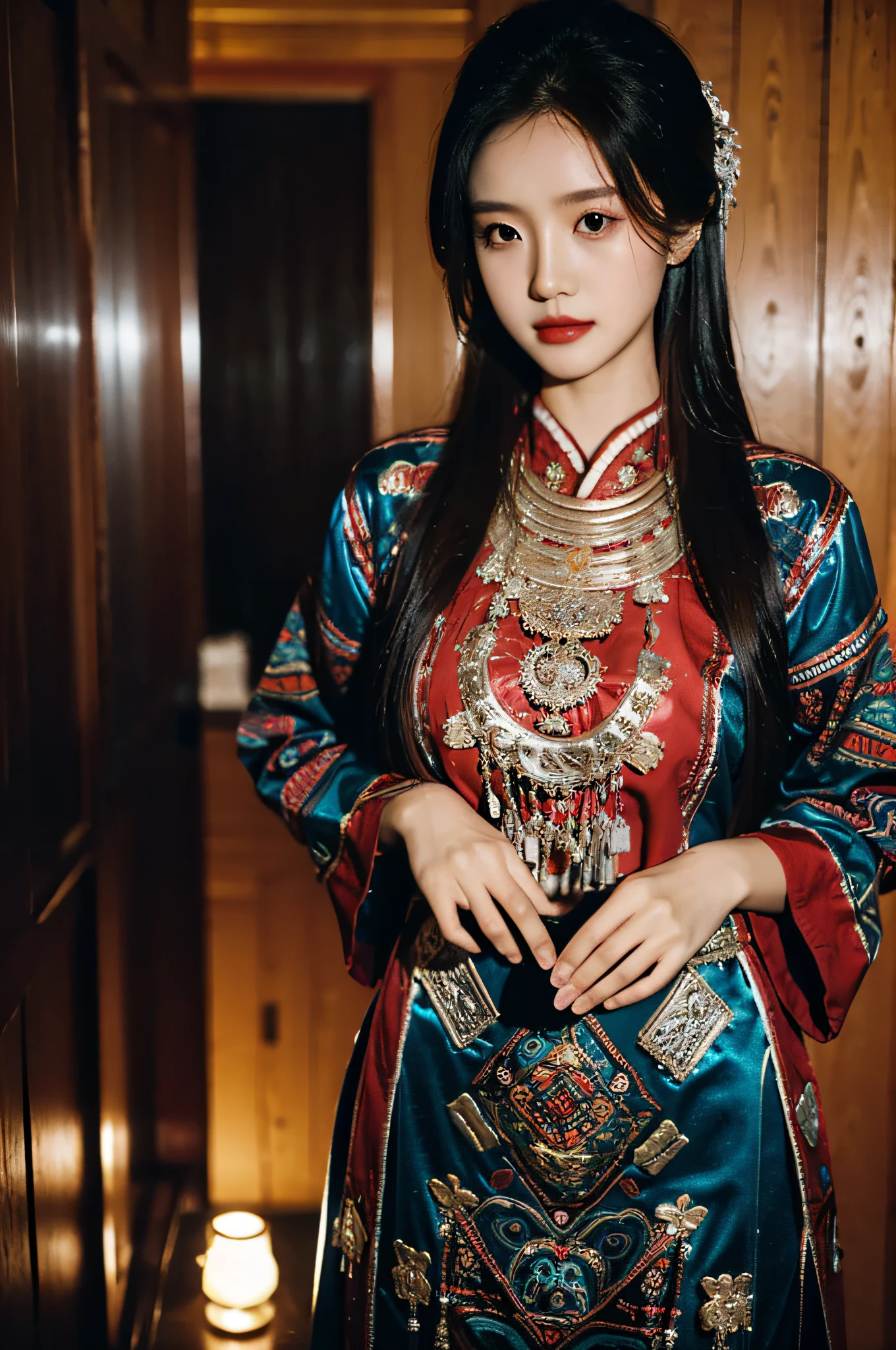 Hyperrealistic,）4K,35mm，hyper-high detail, Professional lighting, Best quality, 超高分辨率, Visually stunning, (1girll:1.1), （Hmong clothing ）,realskin,（Perfect body 1.3）Ultra-delicate face。