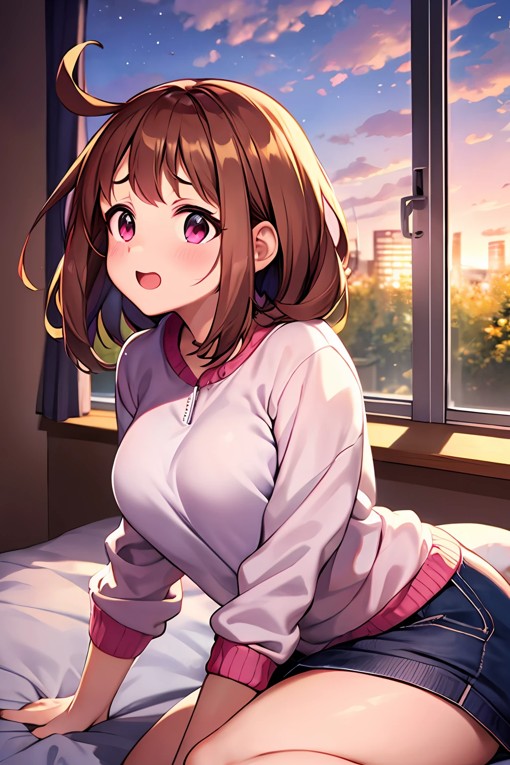 Anime girl sitting on a bed looking out a window - SeaArt AI