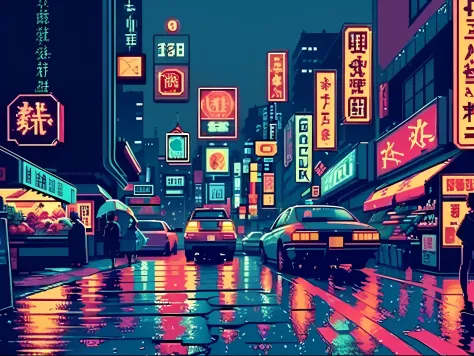 (bokeh effect), (dynamic angle), ((masterpiece)), (streets of tokyo), (zebracross), (raining), (night), empty city, dark, (neon)...