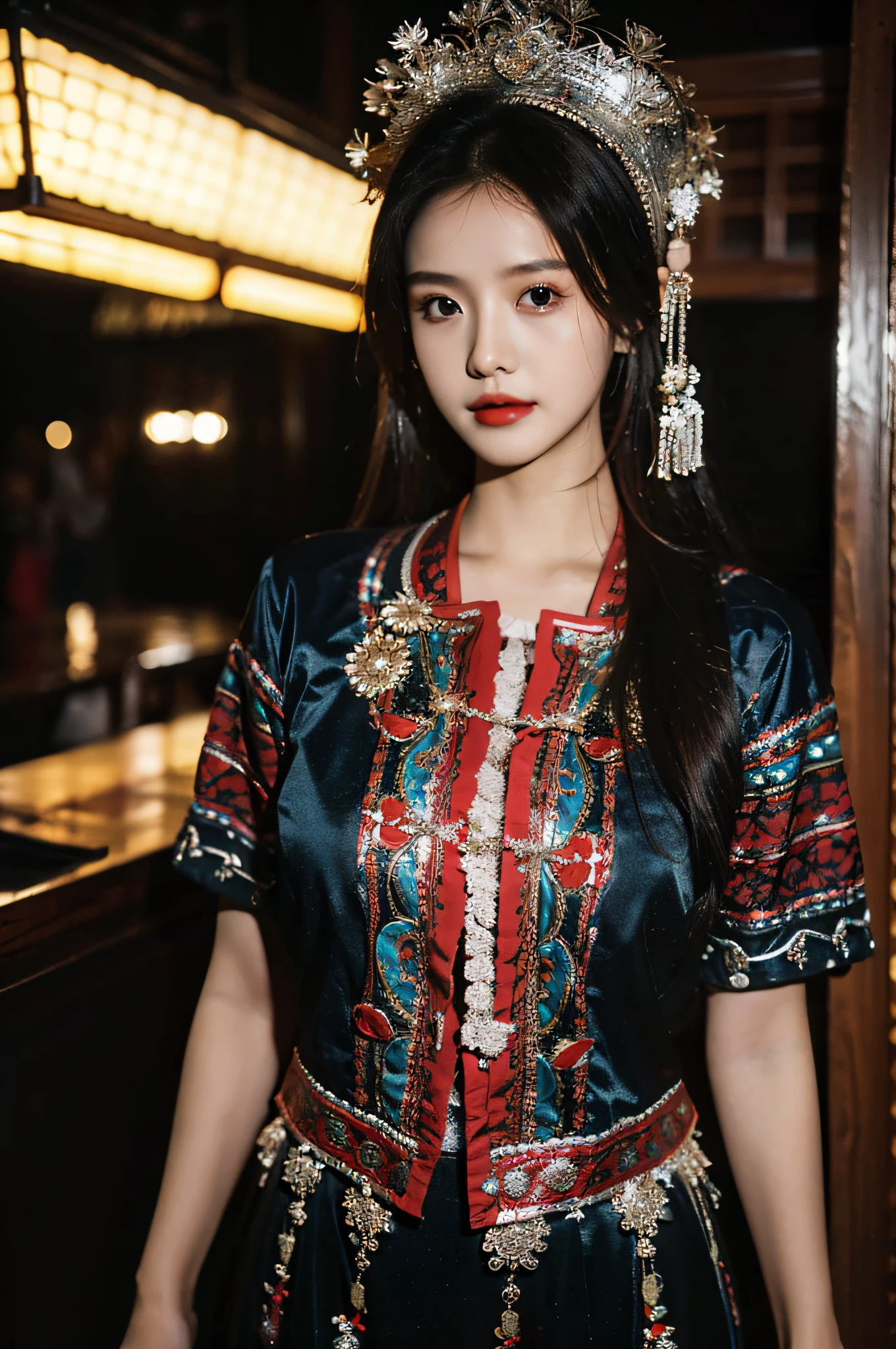 Hyperrealistic,）4K,35mm，hyper-high detail, Professional lighting, Best quality, Ultra-high resolution, Visually stunning, (1girll:1.1), （Hmong clothing ）,realskin,（Perfect body 1.3）Ultra-delicate face。