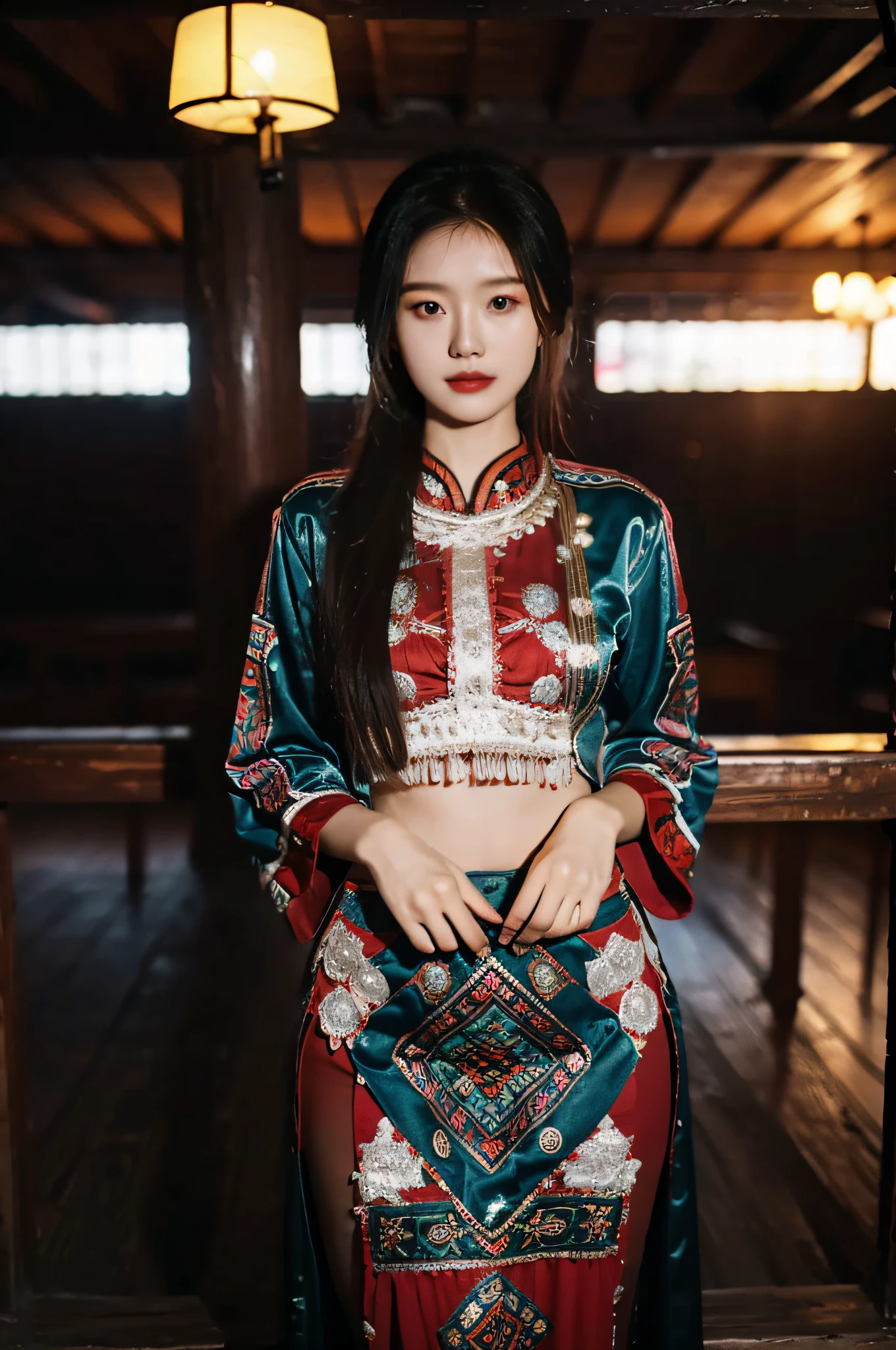 Hyperrealistic,）4K,35mm，hyper-high detail, Professional lighting, Best quality, 超高分辨率, Visually stunning, (1girll:1.1), （Hmong clothing ）,realskin,（Perfect body 1.3）Ultra-delicate face。