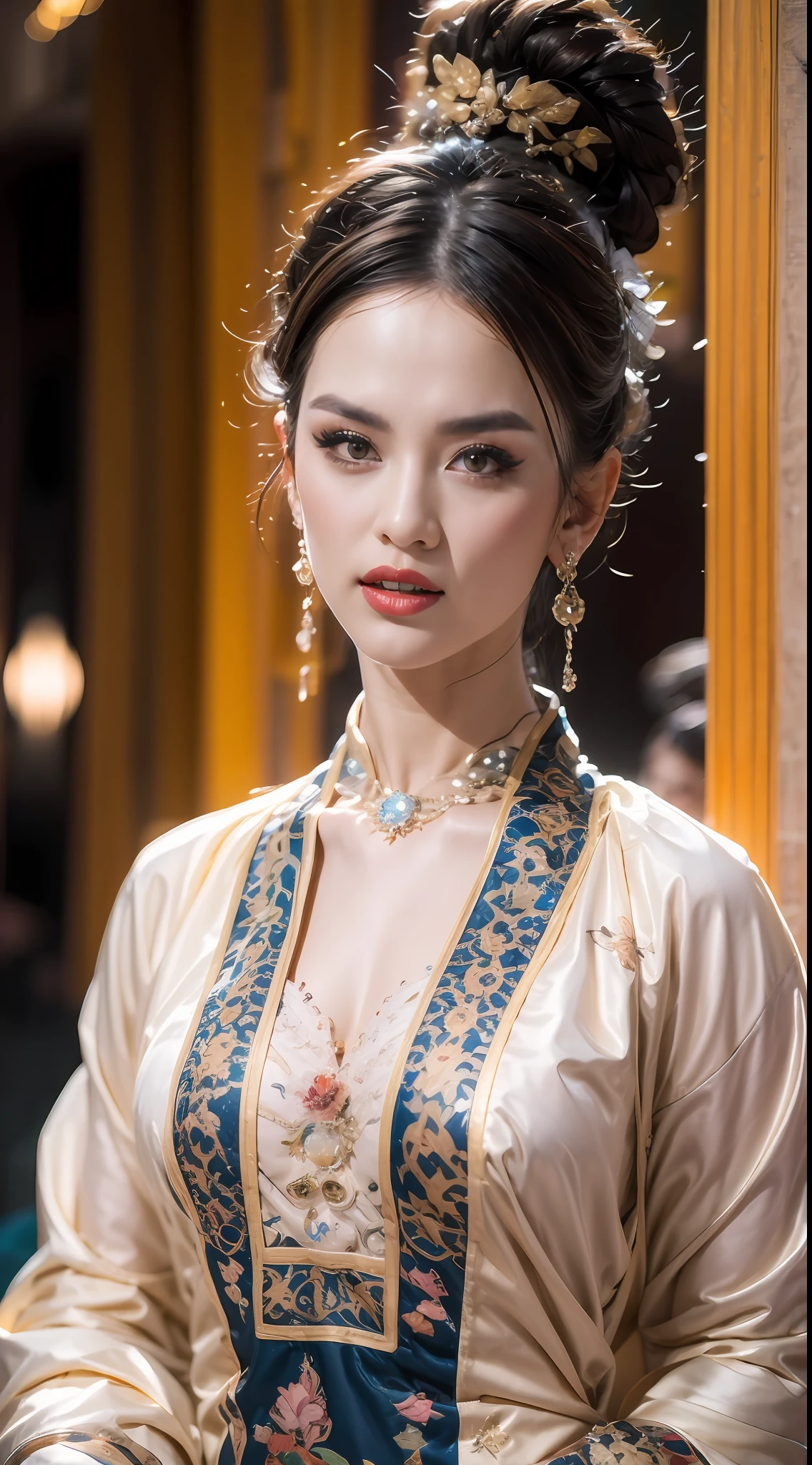 portrait of a beautiful 20 year old holy woman, wearing a thin multicolored silk dress, beautiful face without blemishes, ((natural smile:0.3)), Mouth closed, ((7-color hair length:1.2)), big crown, hair brooch, hanfu dress, chinese ancient style, full body jewelry, forehead tattoo, super even chest, face, red lips, delicate pink and white eyes (white and detailed) cinematic, light and dark, dramatic lighting, magical light, extremely detailed light, true color, super sharp, realistic, 8k quality, fantasy universe background, saints and magical space, the most detailed images, Exhibition photo, awarded, Eye-catching bright tone effect,