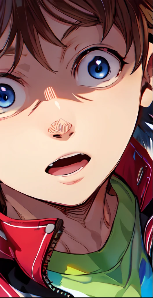 ein Anime eines Jungen-Mangas, braune Haarfarbe, Jacke, Nahaufnahme, schockiert, offener Mund, Farbmanga, Manga-Farbe, Farbmanga, Farbmanga panel