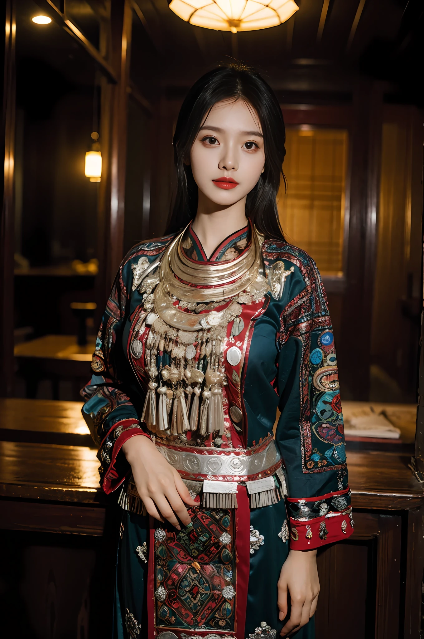 （A hyper-realistic,）4k,35mm，ultra-high detail, Professional lighting, Best Quality, Ultra-high resolution, Visually stunning, (1girll:1.1), （Hmong clothing）,Real Skin,（Perfect Body 1.3）Ultra-Delicate Face。