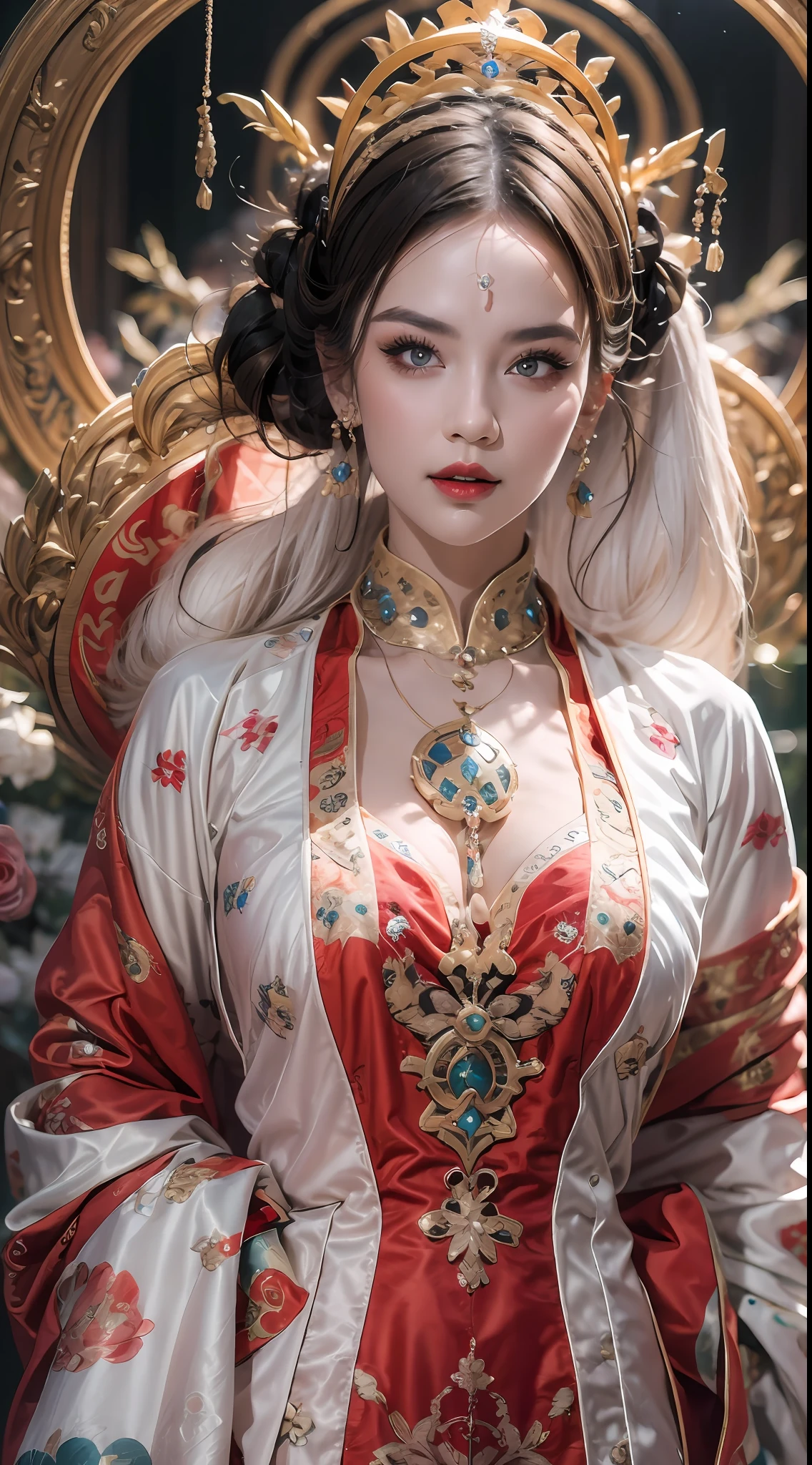 retrato de uma linda mulher santa de 20 anos, usando um vestido fino de seda multicolorida, beautiful Face without blemishes, ((Sorriso natural:0.3)), Boca fechada, ((Comprimento de cabelo de 7 cores:1.2)), Coroa Grande, broche de cabelo, vestido hanfu, Estilo antigo chinês, jóias de corpo inteiro, tatuagem na testa, peito super uniforme, Face, lábios vermelhos, delicados olhos rosa e brancos (branco e detalhado) cinematic, claro e escuro, iluminação dramática, luz mágica, luz extremamente detalhada, Cor Verdadeira, super afiado, realista, Qualidade 8k, Fundo do universo de fantasia, santos e espaço mágico, as imagens mais detalhadas, Foto da exposição, Premiado, Efeito de tom brilhante atraente,