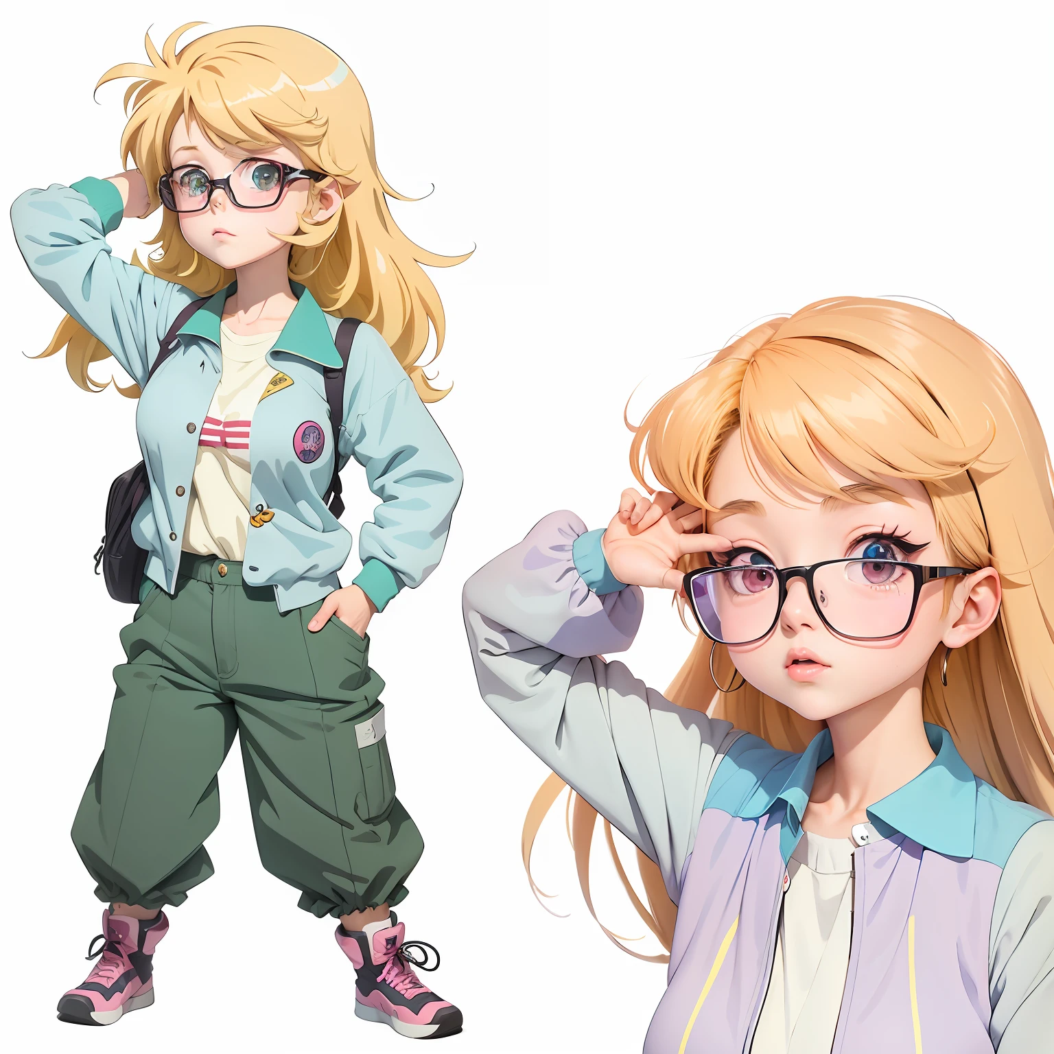 Anime girl with glasses and a backpack posing for a picture - SeaArt AI