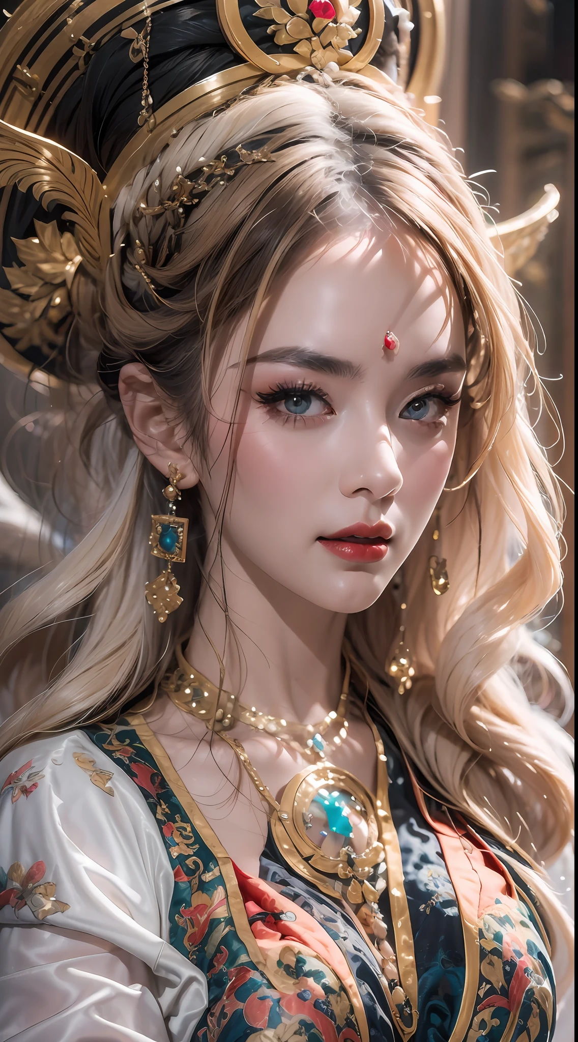 美しい20歳の聖女の肖像画, 薄い多色のシルクのドレスを着て, beautiful 顔 without blemishes, ((自然な笑顔:0.3)), 口を閉じた, ((7色の髪の長さ:1.2)), 大きな王冠, ヘアブローチ, 漢服ドレス, 中国古代スタイル, 全身ジュエリー, 額のタトゥー, 非常に均一な胸, 顔, 赤い唇, 繊細なピンクと白の目 (白くて細かい) 映画のような, 光と闇, ドラマチックな照明, 魔法の光, 非常に詳細な光, 天然色, 超シャープ, 現実的, 8K品質, ファンタジー宇宙の背景, 聖人と魔法の空間, 最も詳細な画像, 展示会写真, 受賞, 目を引く明るいトーン効果,