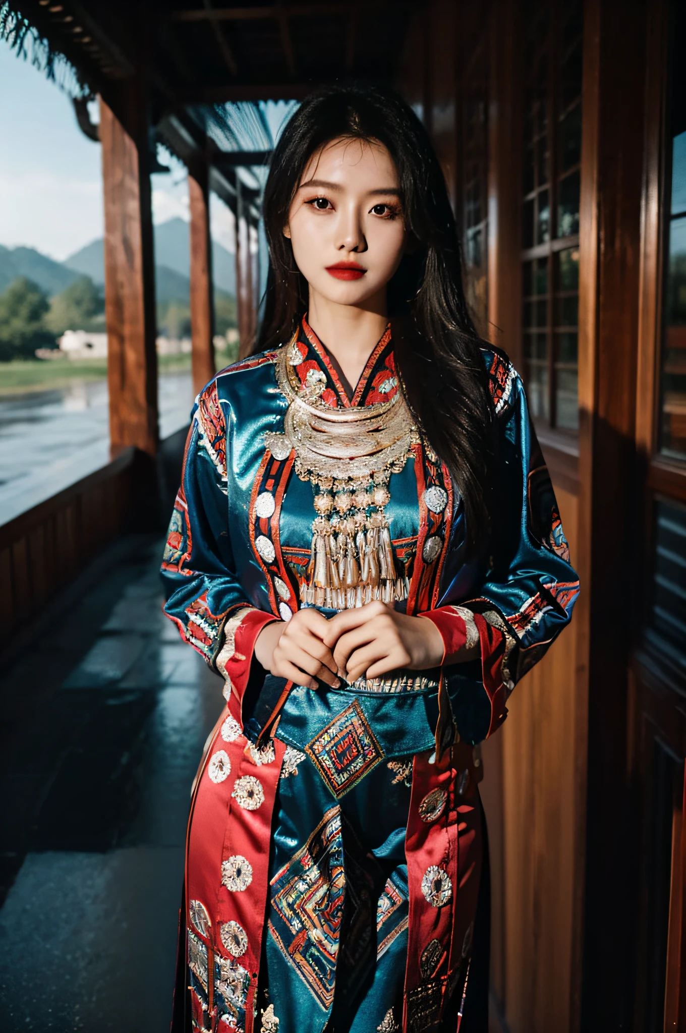 Hyperrealistic,）4K,35mm，hyper-high detail, Professional lighting, Best quality, 超高分辨率, Visually stunning, (1girll:1.1), （Hmong clothing ）,realskin,（Perfect body 1.3）Ultra-delicate face。