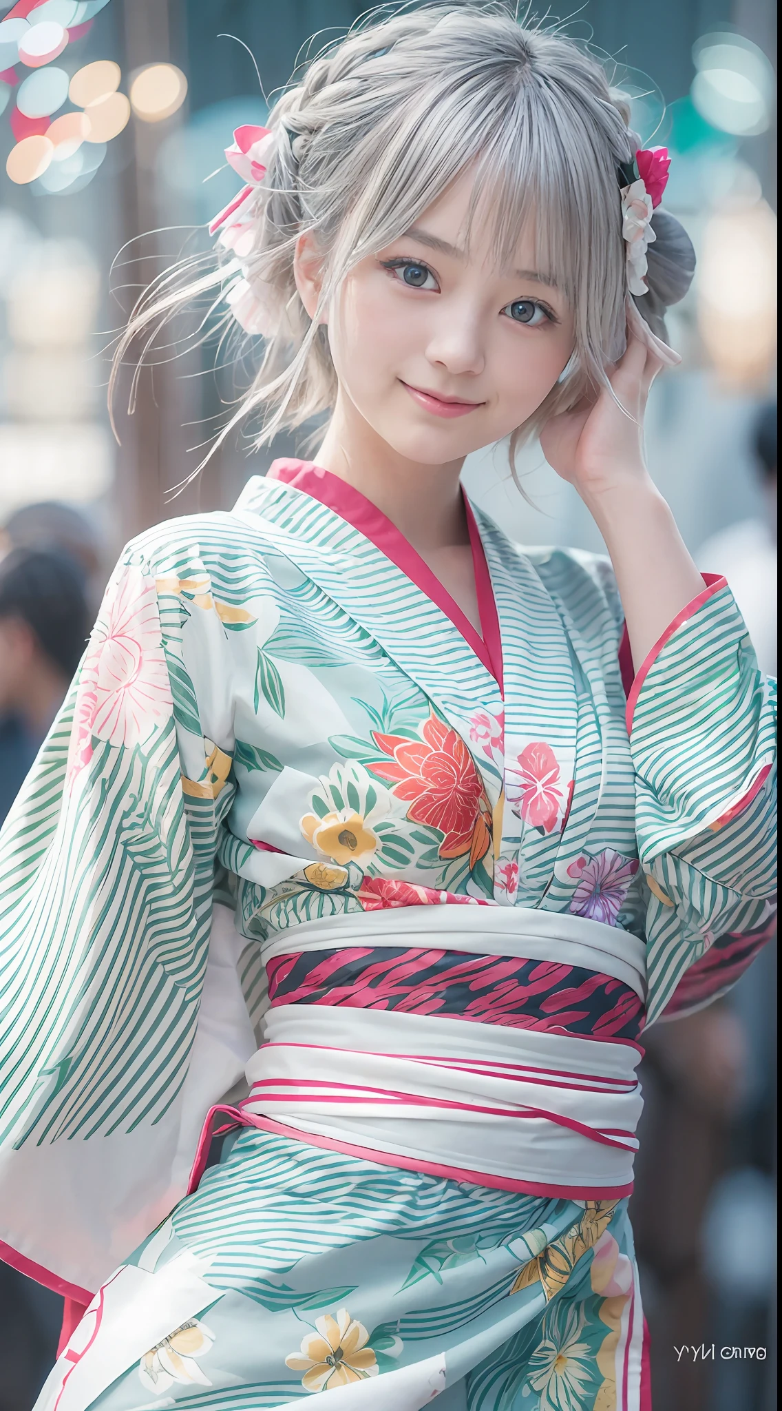 Bon dance festival,young lady, silver hair, blue eyes, detailed beautiful face, slim body, beautiful young girl,highly realistic photo, cute pose,full body,dancing on the yagura stage,yukata