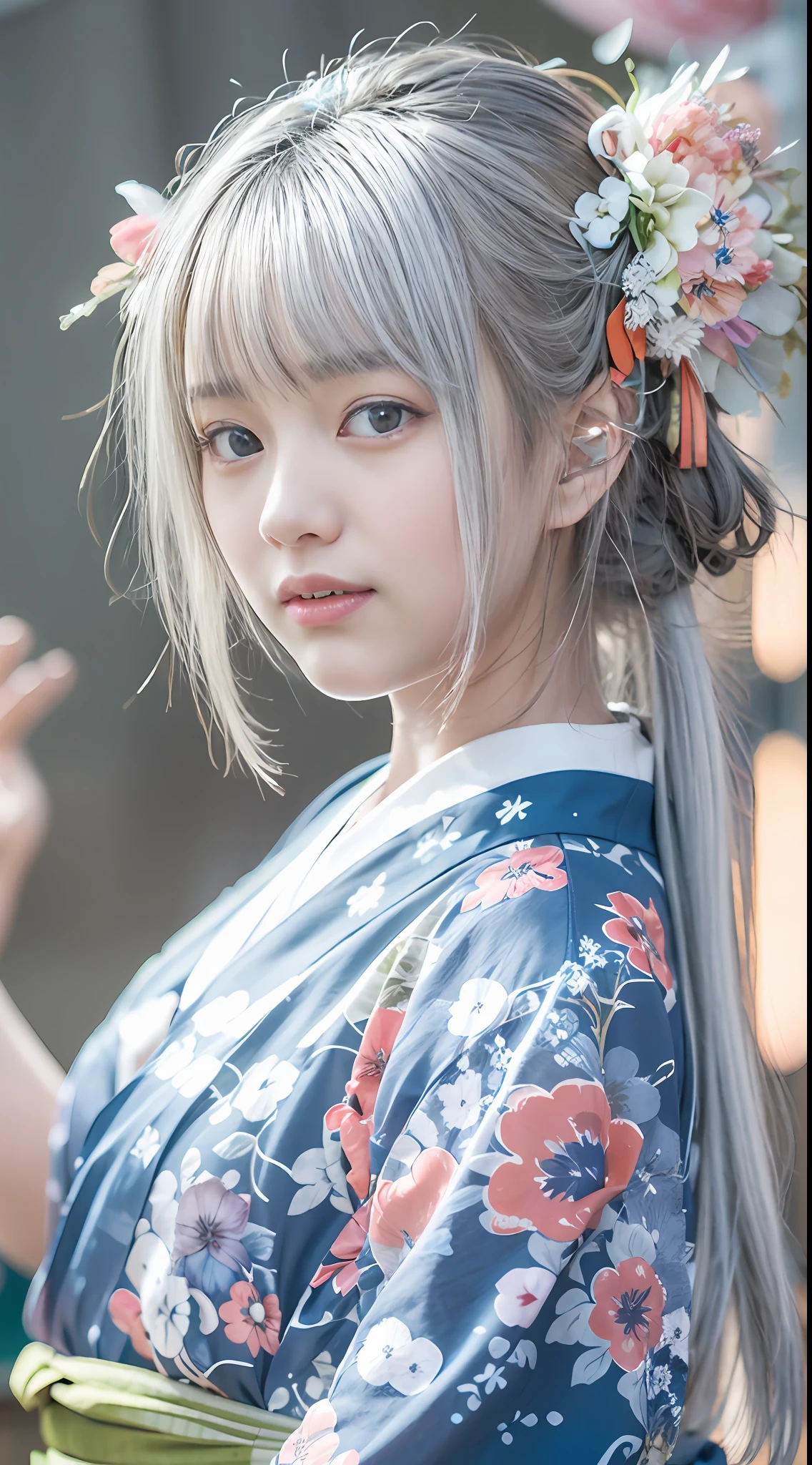 Bon dance festival,young ladys, silver hair, blue eyes, detailed beautiful face, slim body, beautiful young girls,highly realistic photo, cute pose,full body,dancing on the yagura stage,yukata