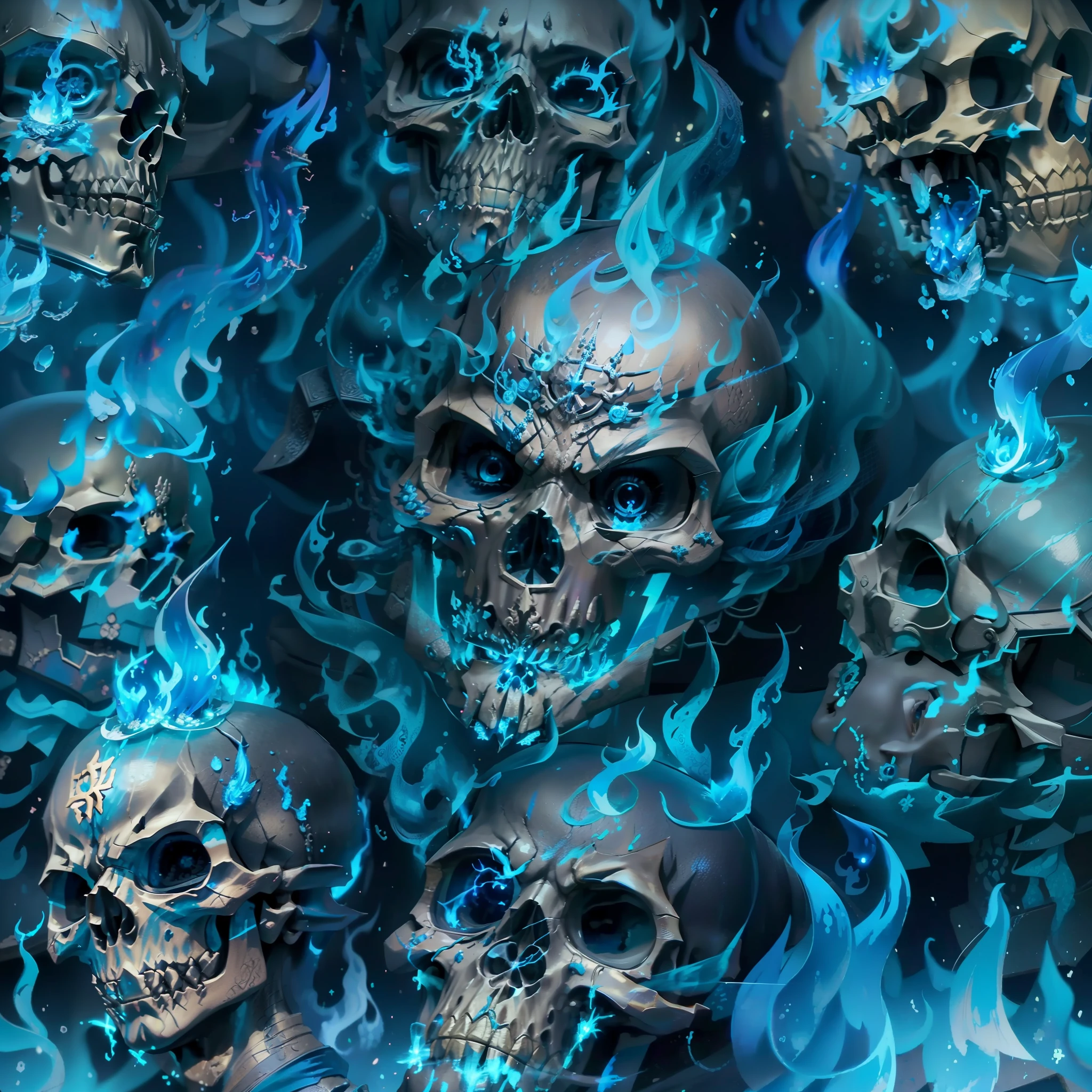 Gros plan du crâne avec flamme bleue sur fond noir, Crâne brûlant ...