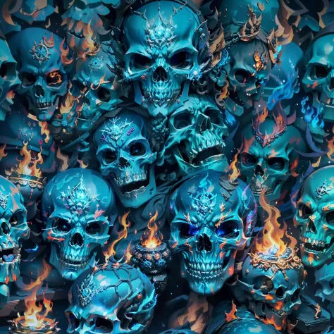 Close up of skull with blue flame on black background, Burning skull, fiery skull contemplating life, fantasy skull, Blue Flame,...