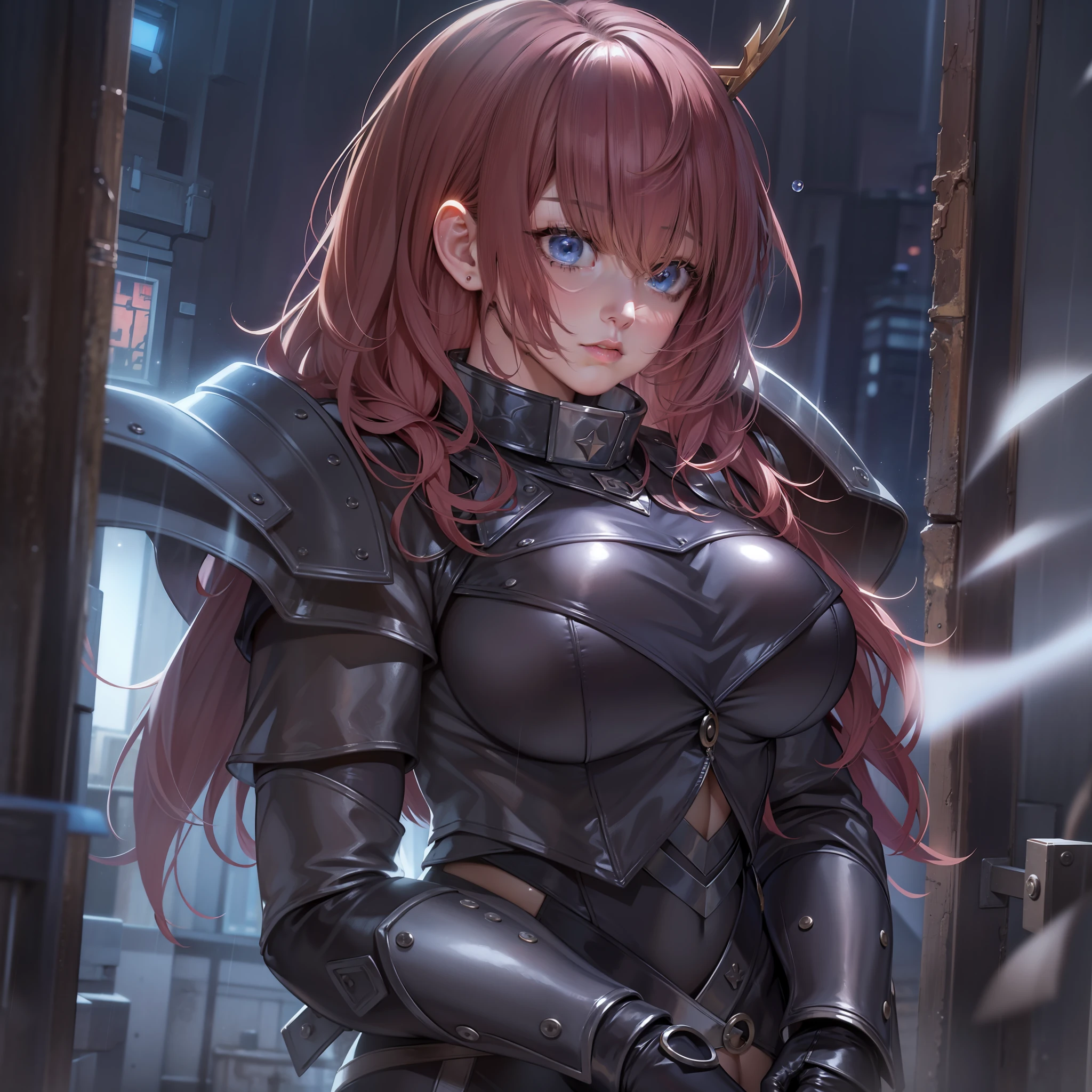 Masterpiece, Best quality, Highly detailed, Sexy, Curvy, A MILF, 1girll, Red spiked hair, Armor, Blue eyes, Short hair, Solo, view the viewer, parted lip, Upper body, bangs, gate, chest plate, Building, sky, window, Blush, rain, hair between eye, Night, The helmet has been removed, Shoulder armor, Indoors, Star \(sky\), pauldrons, Light particles, dark mole, Eyebrows visible through hair, titmouse,Outdoors, Masterpiece, Best quality, Game cover art , Add_detail:1, Hair over eyes, hair on one eye, huge boob, titmouse, Extremely large_Breasts!! with the type of boobs_melons,