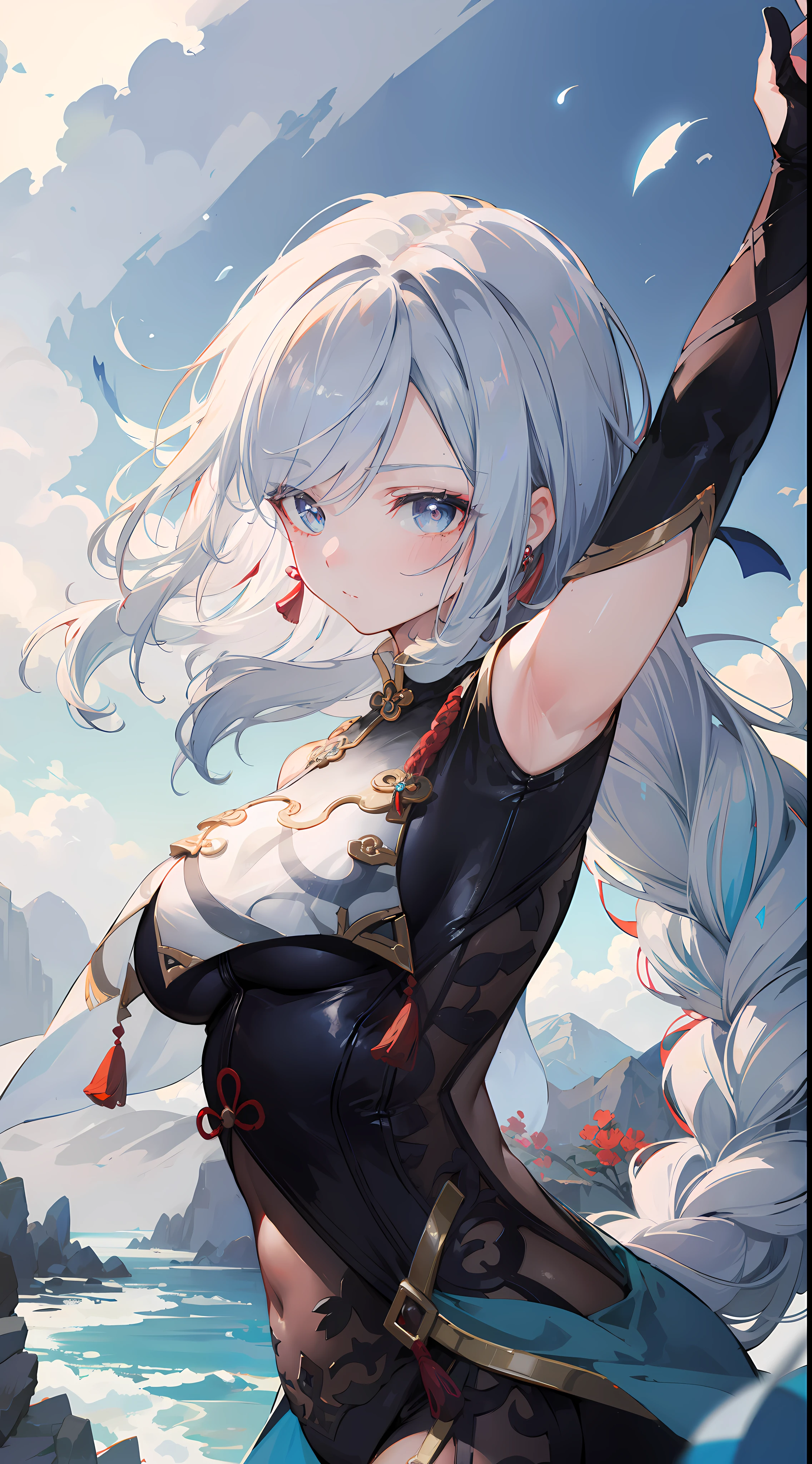 shenhedef, upper body, serious expression, blush, outdoors, futuristic skyscarper, eclipse sky, short hair, sky, looking at viewer, mountain, moody lighting, (perfect detail eyes:1.2), glowing eyes, (long hair one braid:1.2),
(Masterpiece, Best Quality, High Quality:1.4), professional artwork, Intricate Details, field of view, sharp focus, detailed painting, photorealistic lighting, trending on pixiv, (vivid lighting, vibrant colors:1.05), realistic shadows, ambient occlusion,