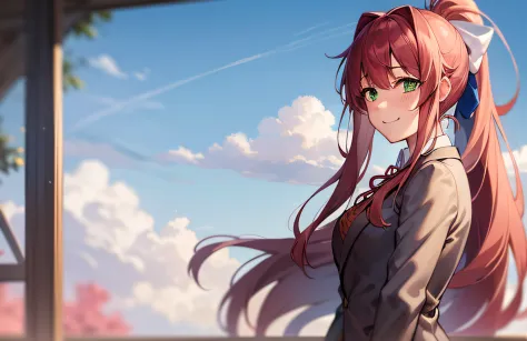 2d, masterpiece, best quality, anime, highly detailed, cowboy shot, 1girl, solo, monika, green eyes, very long hair, ponytail, s...