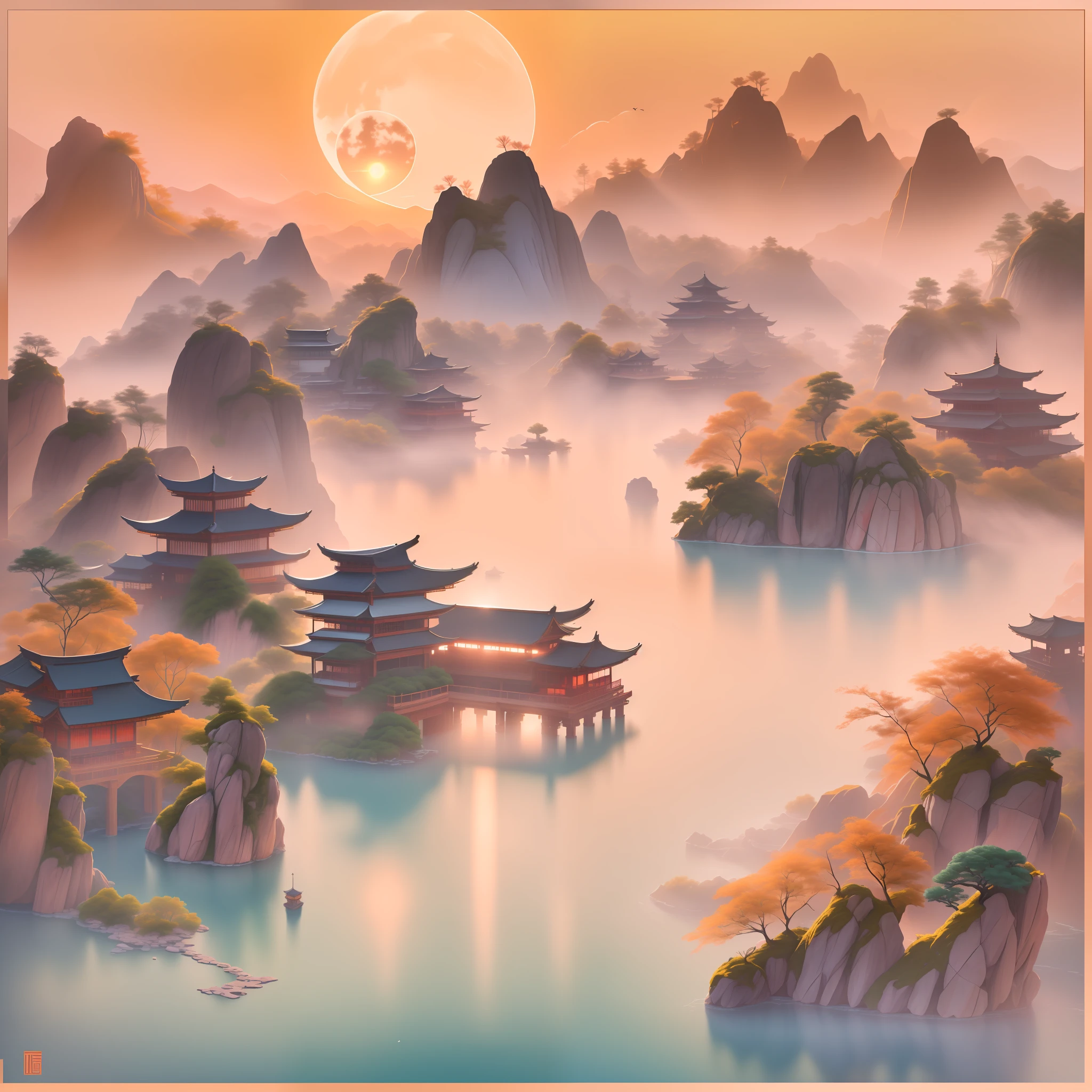 A huge sun, the sun from top to bottom, from crimson to light red, jagged mountains below, mist, birds in the sky, five bamboo sticks on the left, three-story pavilions on the right, a lake at the bottom, light blue and light pink from top to bottom, clear picture, ancient No figures