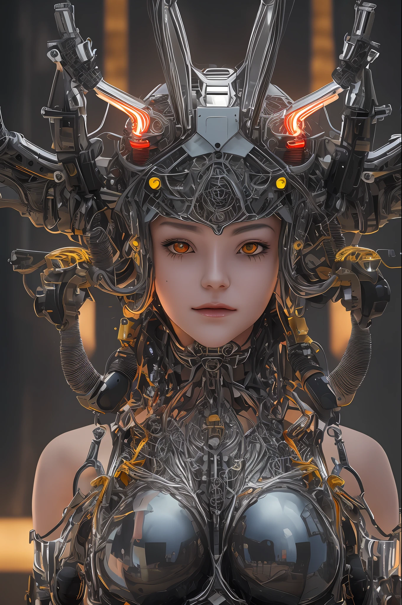 top-quality、​masterpiece、超A high resolution、(Photorealsitic:1.4)、Raw photo、女の子1人、Black hair、glowy skin、1 Machine Devil、large metal wings、Metal horn、((super realistic details))、portlate、globalillumination、Shadow、octan render、8K、ultrasharp、Colossal tits、Raw skin is exposed in cleavage、Black fiberglass body、Details of intricate gilded ornaments、Sumerian details、About Cyberpunk、Glowing LEDs、IC chips、Data Links、Hydraulic cylinder、highly intricate detail、Realistic light、Red Eyes、radiant eyes、Facing the camera、neon details、Mechanical limbs、blood vessels connected to tubes、Mechanical vertebrae attached to the back、mechanical cervical attaching to neck、cowboy  shot、Wires and cables connecting to the head、Luminous tube、Small LED lamp、