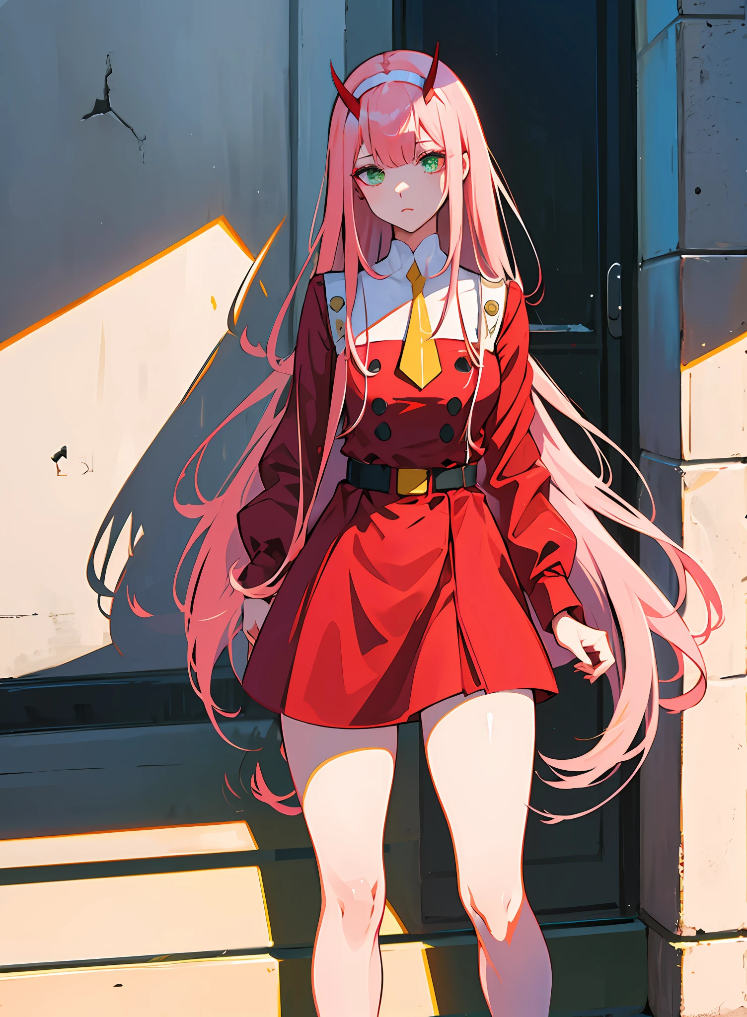 null zwei \(darling in franxx\), darling in franxx, 1 Mädchen, bangs, beißen, Schatten, lange Haare, kleine Brüste, große Oberschenkel, bilden, Rotes Kleid mit Details, gelbe Krawatte, belt, Strumpfhose, grüne Augen, Paar kleine rote Hörner, pinkes Haar, red eyeSchatten, Straffe Haut, Allein