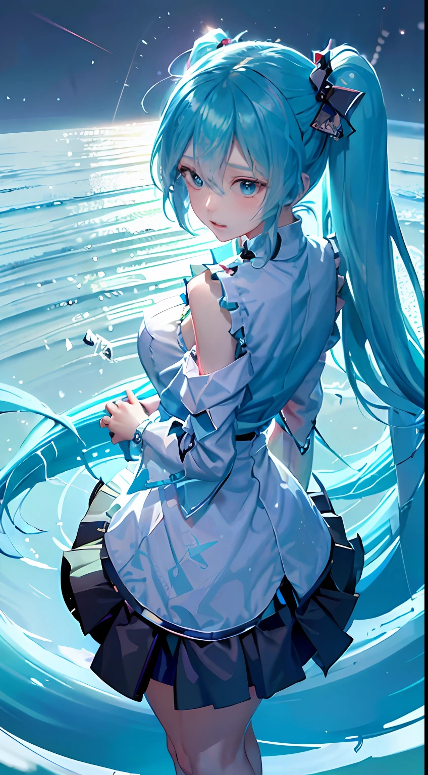 Chica anime con cabello azul y un vestido azul parada en el agua. - SeaArt  AI