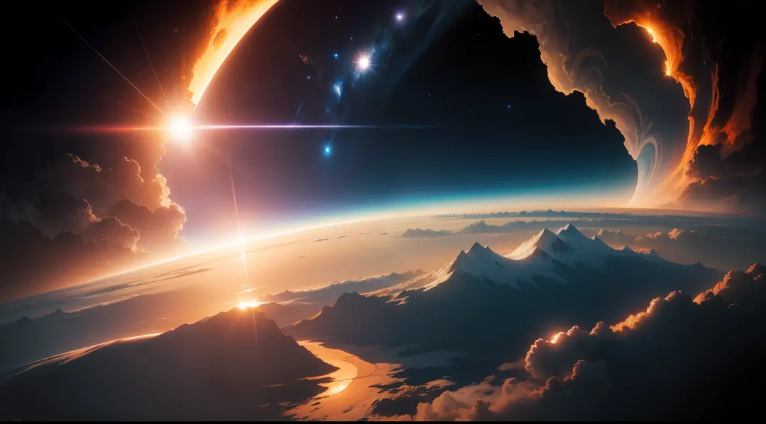 The sun rises from the shadow of the Earth in outer space、Fantastic、Ethereal、Fantastic、Ethereal、Photorealism Based Details Widget 1.3, Ultra-detailed depiction、Cinematic shots with HDR effect、Vignette and center screen、Generate in automatic mode