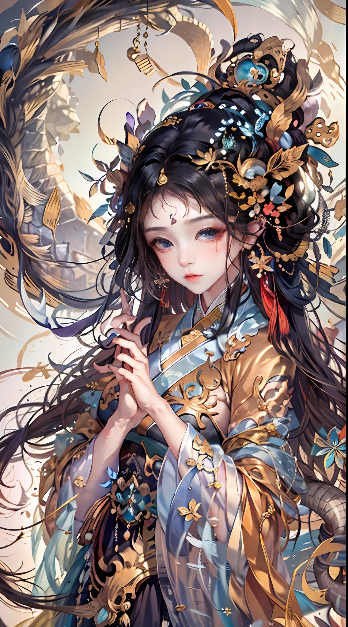 offcial art，统一 8k 壁纸，ultra - detailed，Beauty and aesthetics，tmasterpiece，best qualtiy，（zentangle，Tangled，entangle），（s fractal art：1.4），Black color hair，chineseidol，Chinese woman，The is very detailed，dynamic angle，casting spells，coloured with lots of colour，（Chaos in its most beautiful form），flowy，（vivd colour），overclocking，Chinese big breasts，（Ribbons：1.3），（dream magical：1.5），（Hanfu：1.5），chinesedragon，Chinese Phoenix，（ssmile：0.5 ),(chinese deity),Magical light and shadow，Perfect face，perfect hand