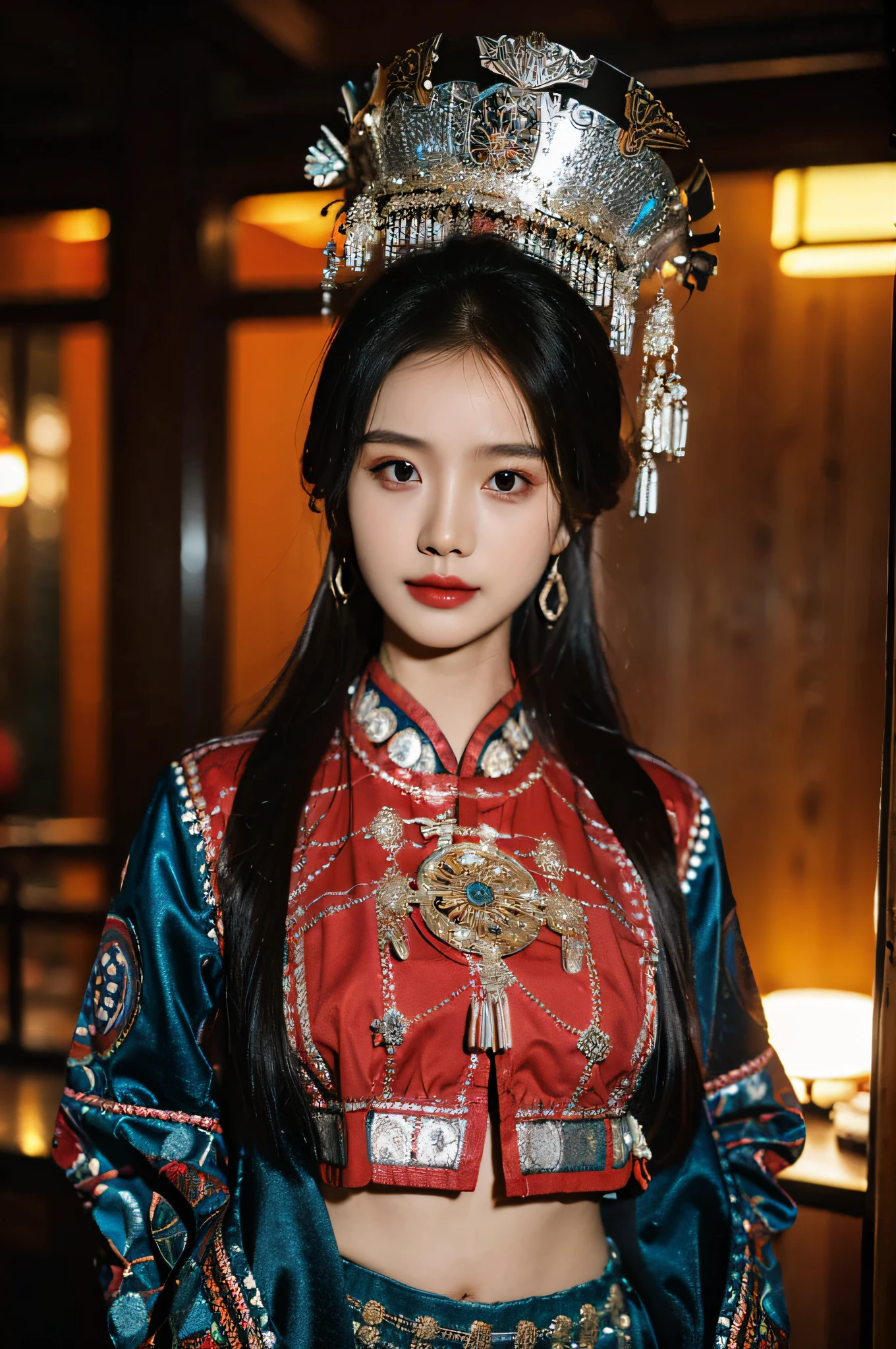 （Hyperrealistic,）4K,35mm，hyper-high detail, Professional lighting, Best quality, Ultra-high resolution, Visually stunning, (1girll:1.1), （Hmong clothing ）,realskin,（Perfect body 1.3）Ultra-delicate face，Crop topping