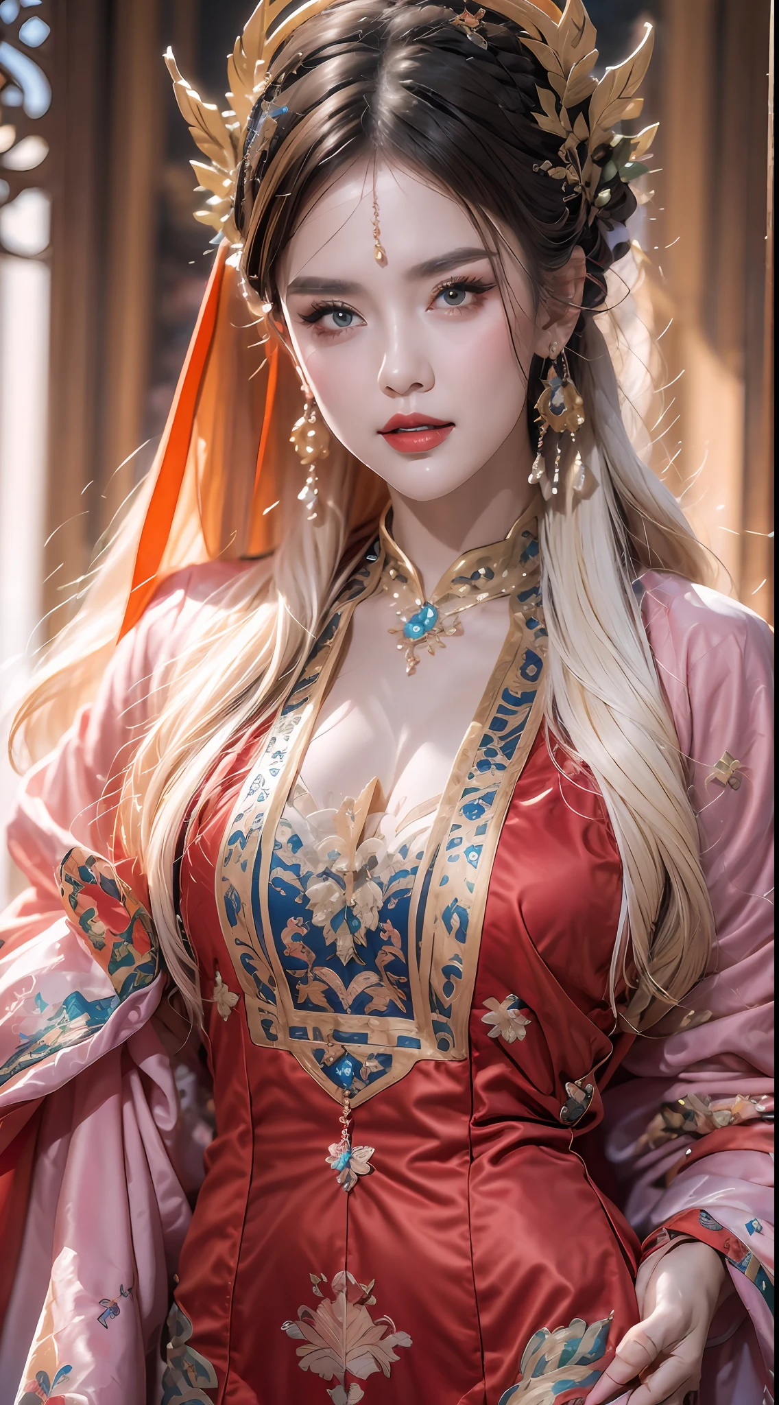 portrait of a beautiful 20 year old holy woman, wearing a thin multicolored silk dress, beautiful face without blemishes, ((natural smile:0.3)), Mouth closed, ((7-color hair length:1.2)), big crown, hair brooch, hanfu dress, chinese ancient style, full body jewelry, forehead tattoo, super even chest, face, red lips, delicate pink and white eyes (white and detailed) cinematic, light and dark, dramatic lighting, magical light, extremely detailed light, true color, super sharp, realistic, 8k quality, fantasy universe background, saints and magical space, the most detailed images, Exhibition photo, awarded, Eye-catching bright tone effect,