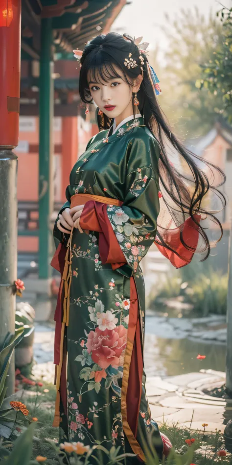 (hanfu),(chinese clothes),((floral print)),((red magnificent print long sleeves)),((green print see-through dress)),1 girl,full ...