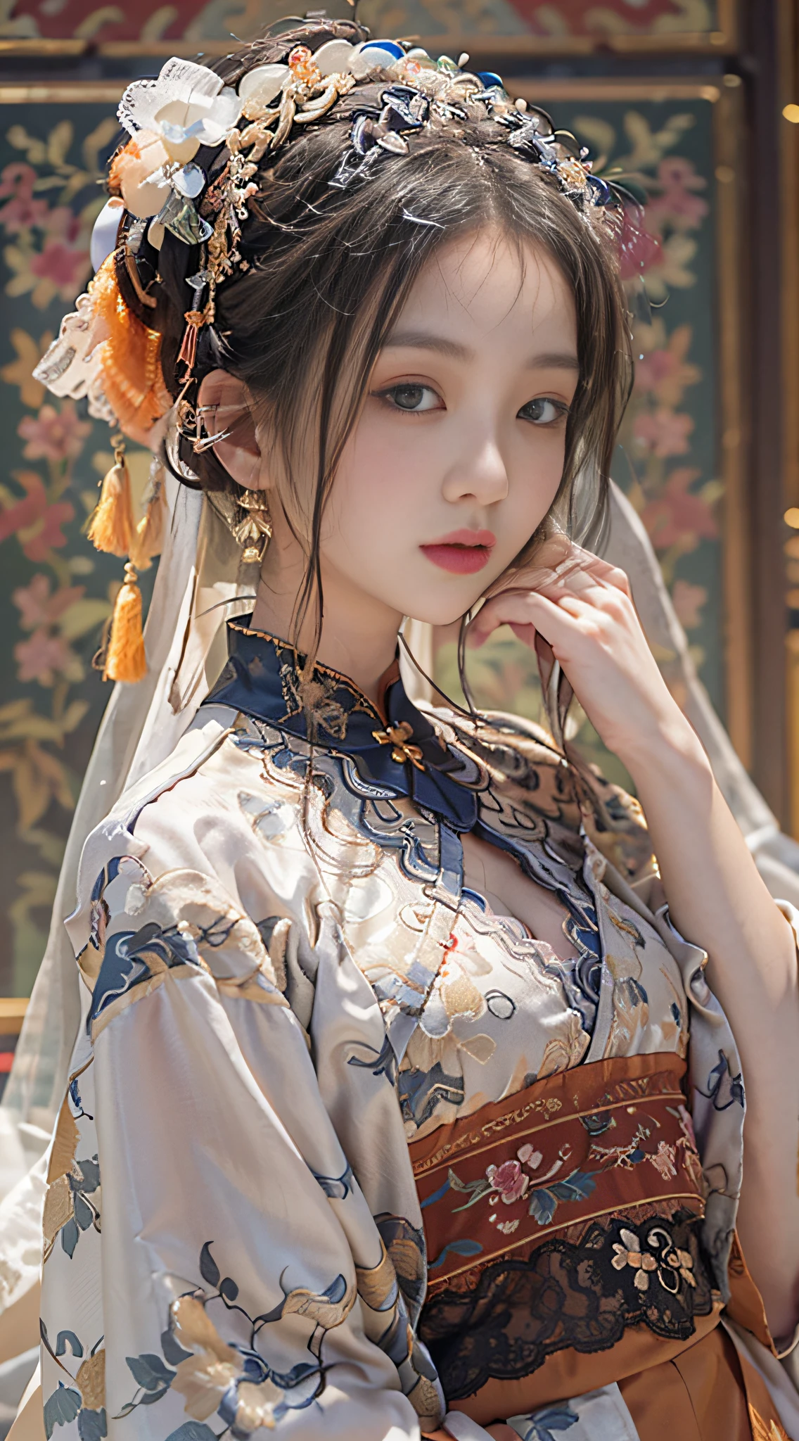 ulzzang-6500-v1.1, (raw photo:1.2), (photorealistic:1.4), beautiful and detailed girl, very detailed eyes and face, beautiful detailed eyes, absurd, incredibly ridiculous, huge file size, super detailed, high resolution, very detailed, best quality, masterpiece, kemomimi, ((Chinese woman wears Hanfu, Guochao, Song, chest-length skirt, silk, lace)), wears Chinese Hanfu, (((orange lace stockings)) lively pose, facing the audience, feminine, stunner, medium breasts, very detailed, viewer perspective, CG, unity, 8k wallpaper, amazing, fine details, masterpiece, best quality, very detailed CG unified 8k wallpaper, face light, movie lighting, 1girl, (full body 2.0), sexy, bare shoulder