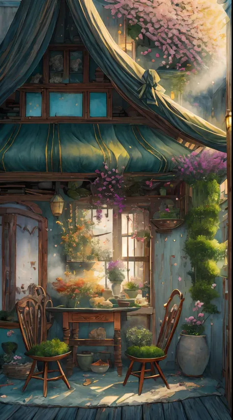 Emerald moss piled up in heaps of blue, White clouds like drifting jade,While the light flickered among wisps of coloured mist.A quiet house with peaceful windows,Flowers growing on the smooth bench.Dragon pear hanging in niches,Exotic blooms all around.Tr...