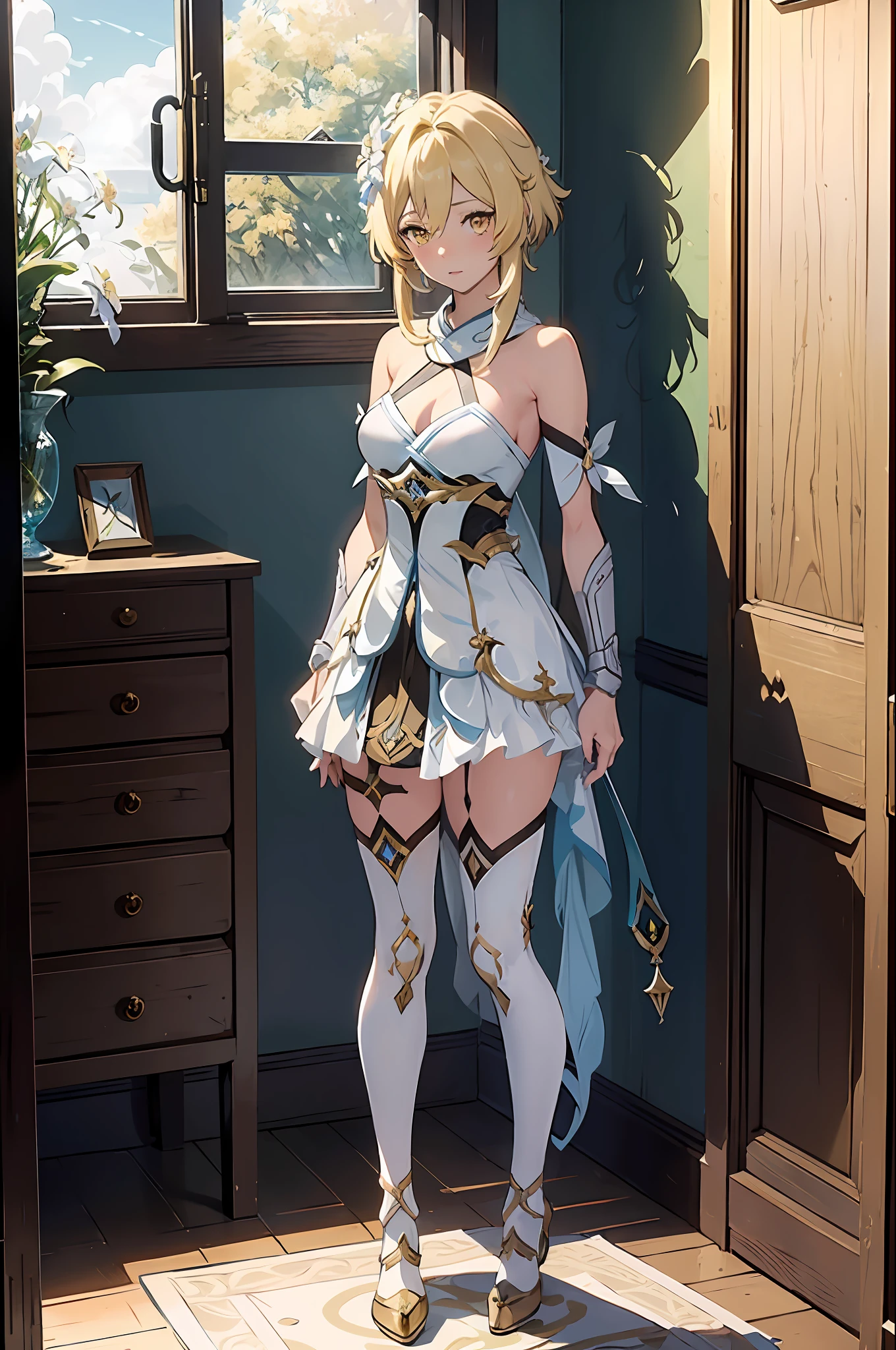 (masterpiece, best quality), beautiful girl, Lumine from "Genshin Impact", 
luminedef,  standing in her room, (detailed beautiful eyes) medium body shot, blonde, short hair, yellow eyes, ultra detailed yellow eyes, full-body shot,