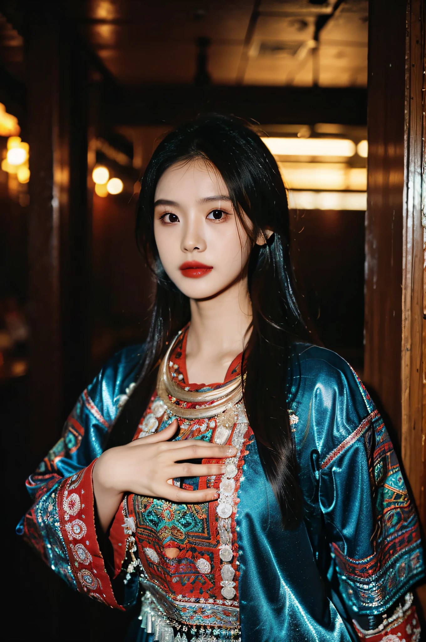 （Hyperrealistic,）4K,35mm，hyper-high detail, Professional lighting, Best quality, 超高分辨率, Visually stunning, (1girll:1.1), （Hmong clothing ）,realskin,（Perfect body 1.3）Ultra-delicate face，Crop topping