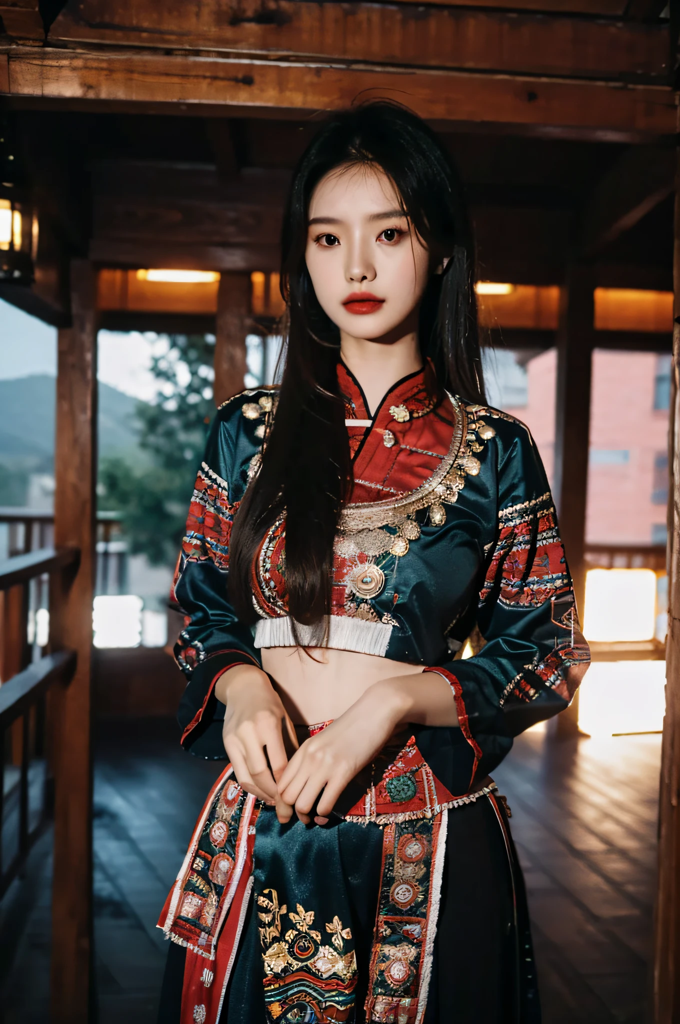 （Hyperrealistic,）4K,35mm，hyper-high detail, Professional lighting, Best quality, 超高分辨率, Visually stunning, (1girll:1.1), （Hmong clothing ）,realskin,（Perfect body 1.3）Ultra-delicate face，Crop topping