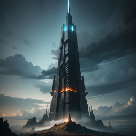 A tower standing on the top of a mountain，high detal，high qulity，Full of sci-fi elements，Dark style，future-tech，Broken，down view
