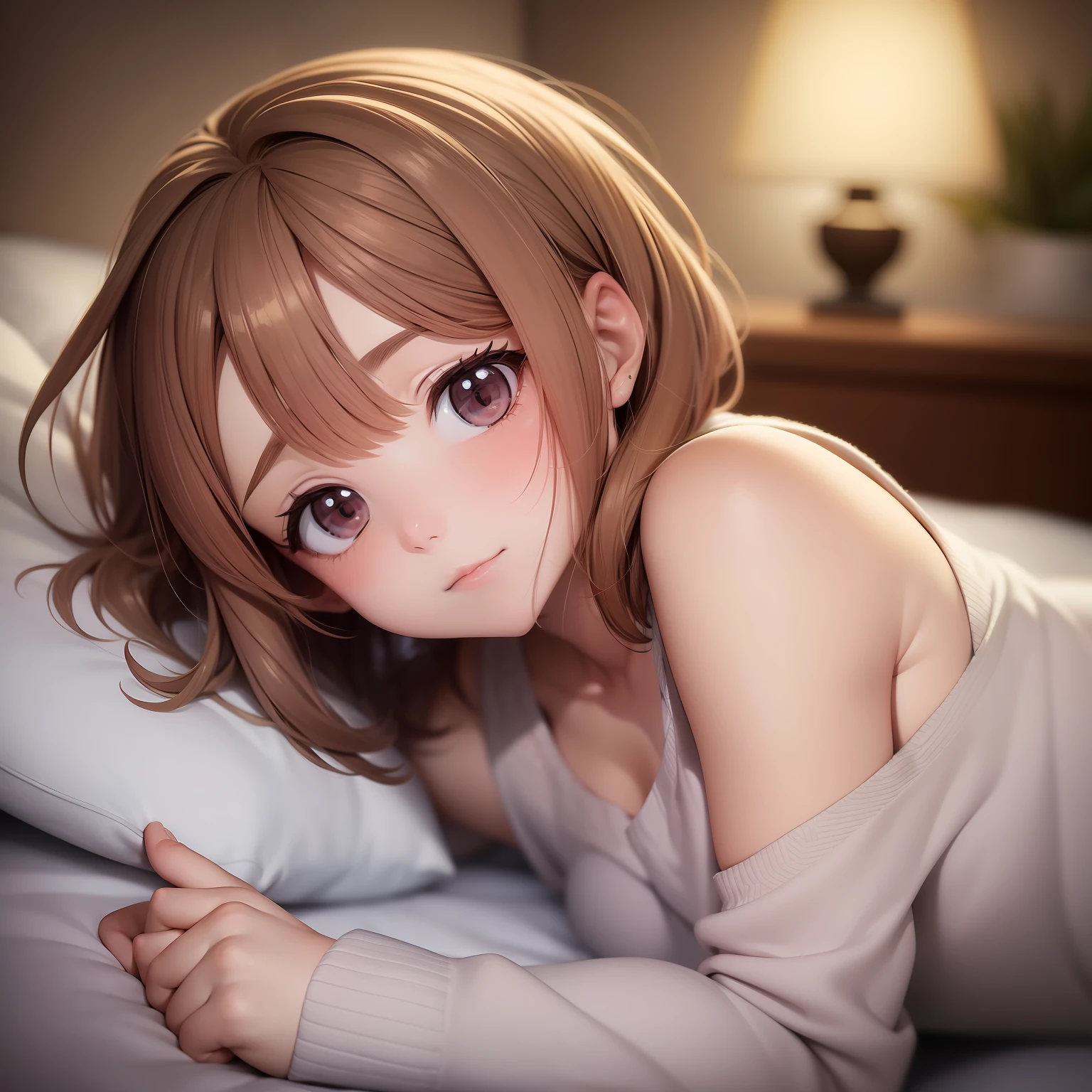 ochako uraraka resting in a cozy bed, covered with a soft blanket, Impeccable artistic style, highest qualityr, warm lighting, Calm expression.