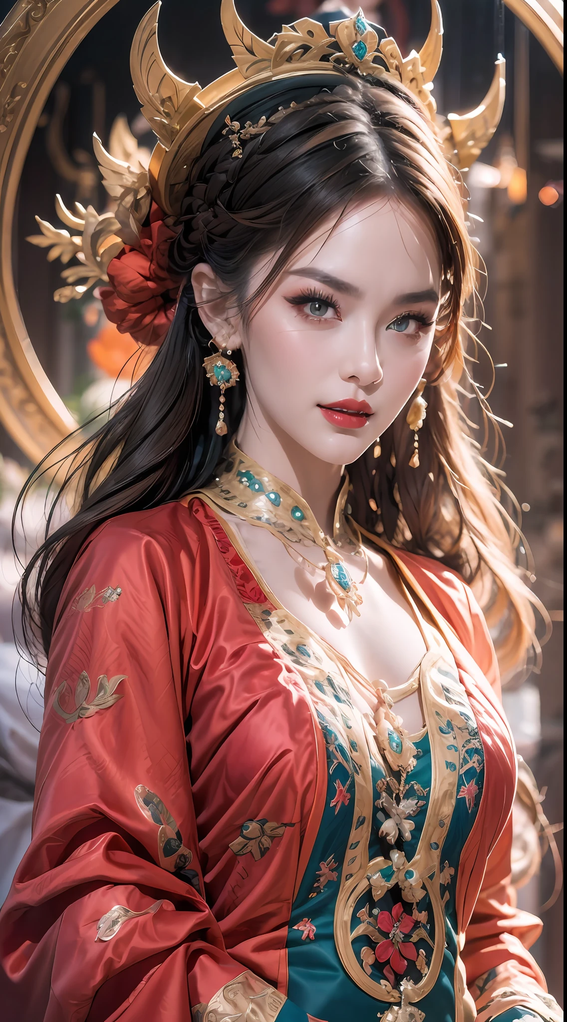 Портрет красивой 20-летней святой женщины, в тонком разноцветном шелковом платье, beautiful лицо without blemishes, ((естественная улыбка:0.3)), Рот закрыт, ((7-цветная длина волос:1.2)), большая корона, Брошь для волос, платье ханьфу, древний китайский стиль, Ювелирные изделия для всего тела, татуировка на лбу, супер ровная грудь, лицо, красные губы, нежные розово-белые глаза (белый и подробный) кинематографический, светлый и темный, драматическое освещение, волшебный свет, чрезвычайно детальный свет, Истинный цвет, супер острый, реалистичный, качество 8К, Фон вселенной фэнтези, святые и волшебное пространство, самые подробные изображения, Фото выставки, Награжден, Привлекательный эффект ярких тонов,