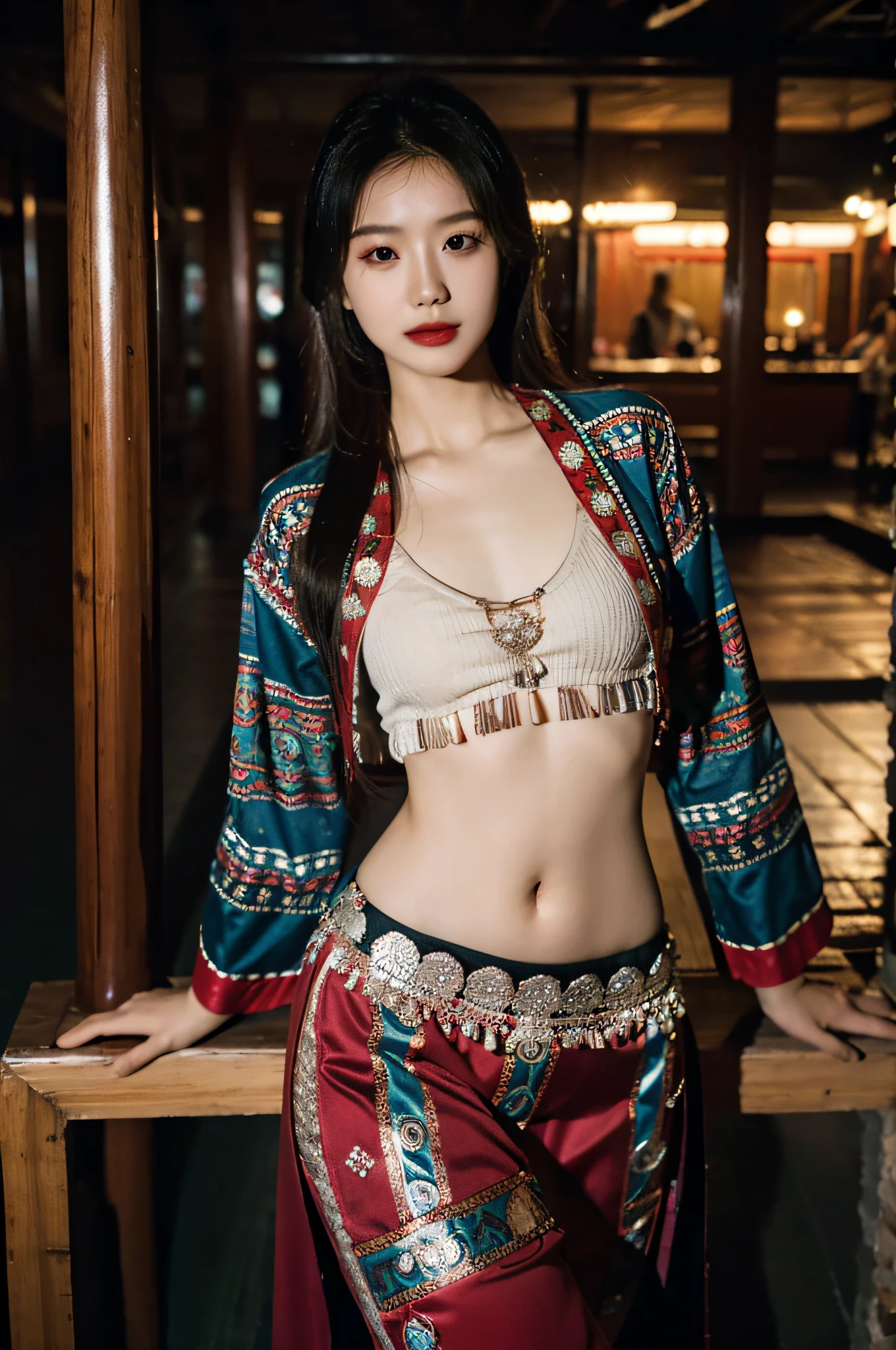 （Hyperrealistic,）4K,35mm，hyper-high detail, Professional lighting, Best quality, 超高分辨率, Visually stunning, (1girll:1.1), （Hmong clothing ）,realskin,（Perfect body 1.3）（Ultra-delicate face），Open navel