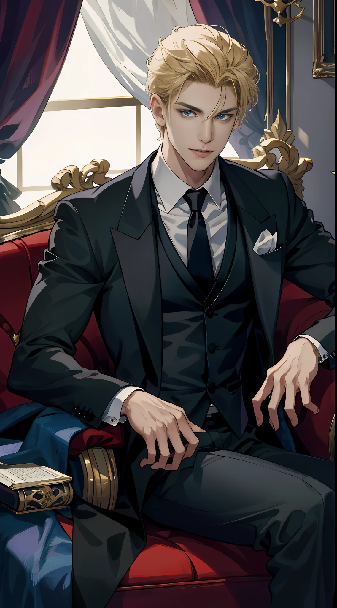 （tmasterpiece，A high resolution，ultra - detailed:1.0），（1 boy，Young male:1.3），（Perfect male body），a broad shouldered，strong，（masculine face），（A mafia boss），Adult Male, Delicate eyes and delicate face，Extremely detailed CG，Unity 8k wallpaper，Complicated details，evilsmile，Half-closed eyes，（Seductive gaze），looking to the camera，Show forehead，（A seductive smile), Wearing a three-piece suit in pure black.，blond hairbl，solo person, upperbody closeup, facial closeups，Detailed background, Detailed face, (Mafia theme:1.1), Sit on the sofa，（Dilit interior），Luxury living room，floor to ceiling window，half-body portrait